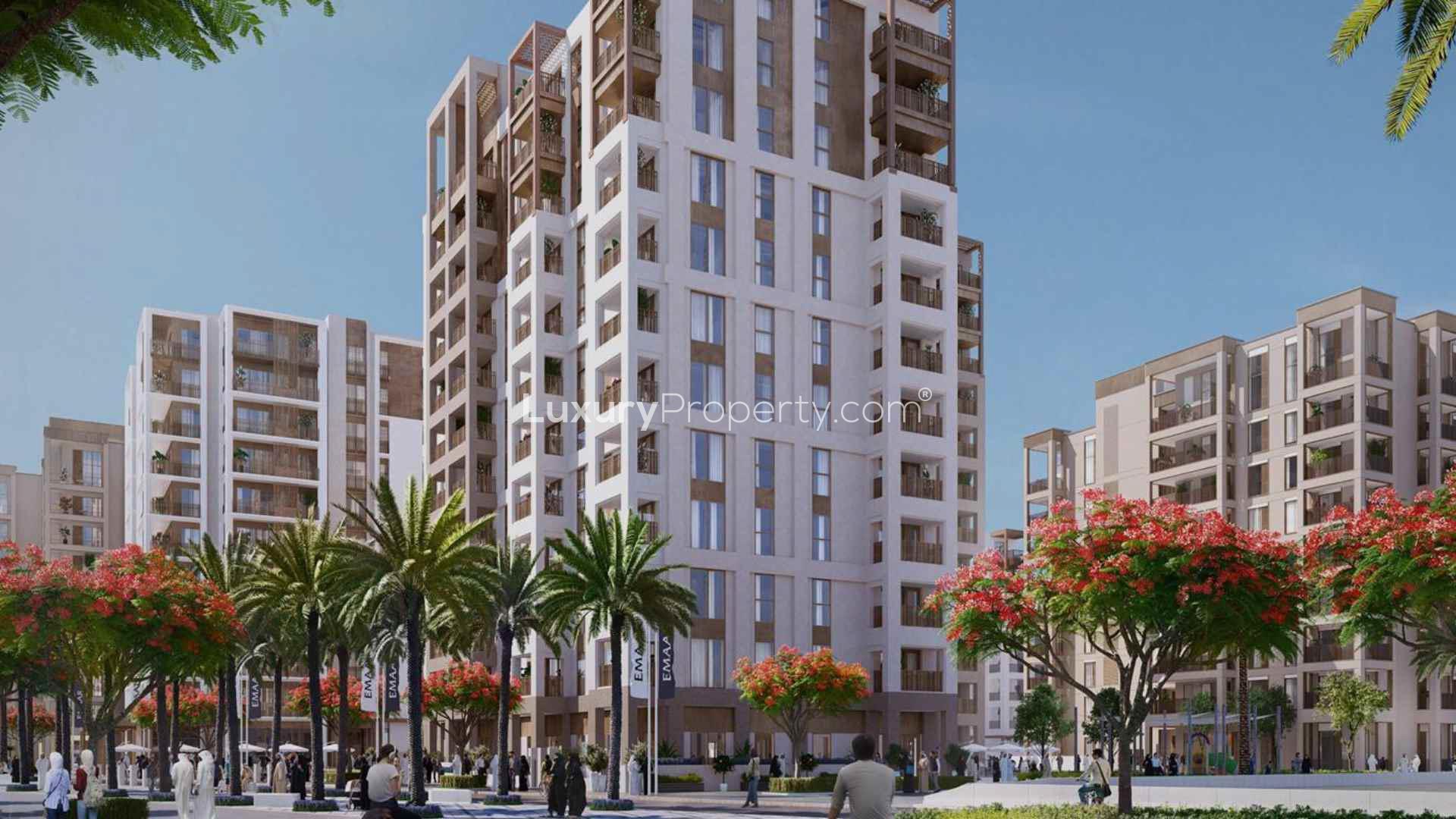 Modern studio apartment interior in Lotus, Creek Beach, Dubai Creek Harbour, featuring open kitchen