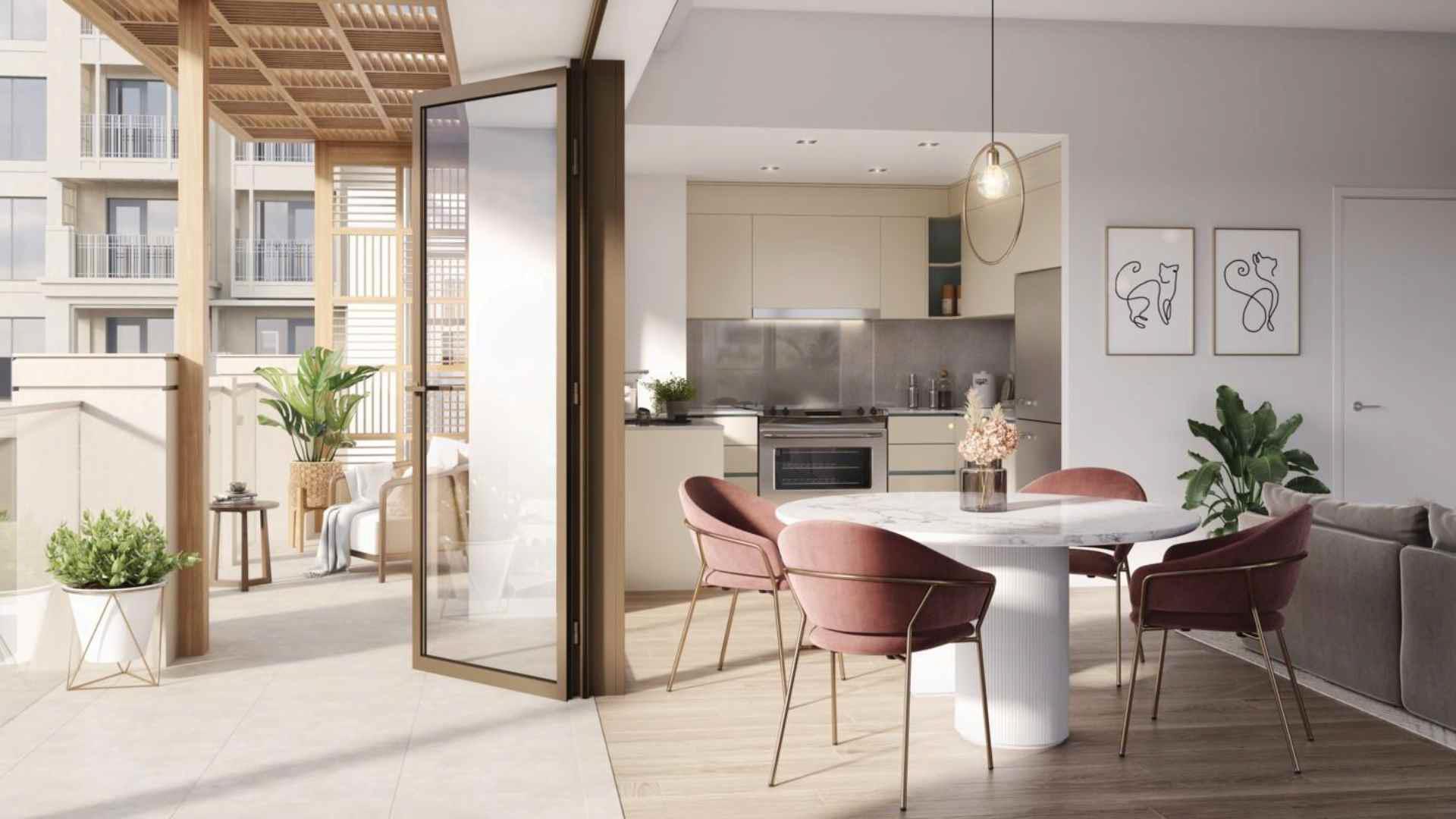 Modern studio apartments in Lotus, Creek Beach, Dubai Creek Harbour, beachfront view