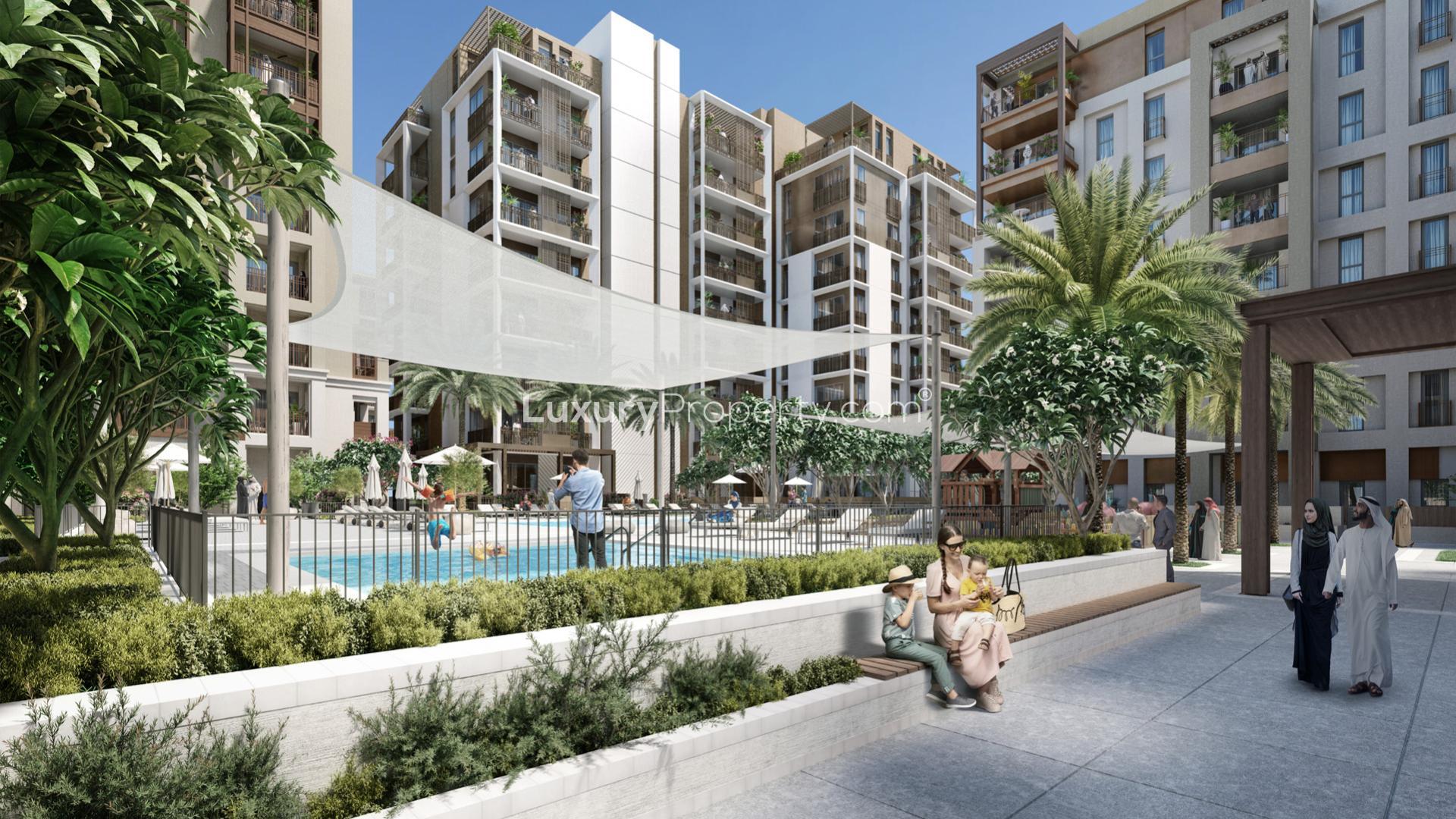 Modern waterfront apartments at Orchid, Dubai Creek Harbour, vibrant community area view