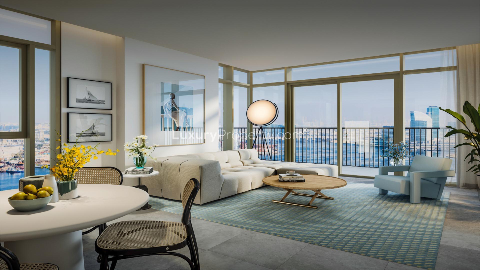 Luxury apartments exterior at Creek Crescent, Dubai Creek Harbour, vibrant pedestrian walkway