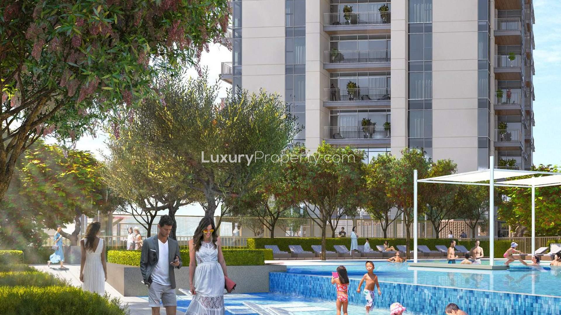Luxury studio apartment interior with waterfront view at Creek Rise, Dubai Creek Harbour