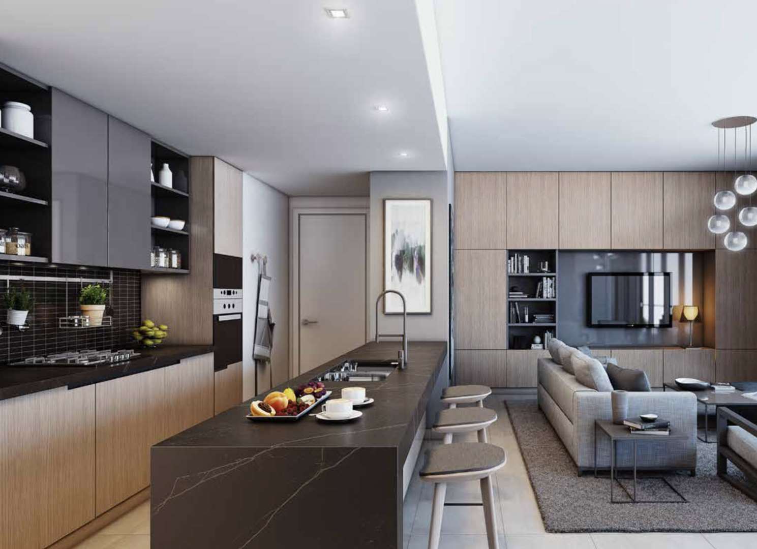 Contemporary studio apartment interior with modern kitchen and living area in Downtown Dubai's DT1