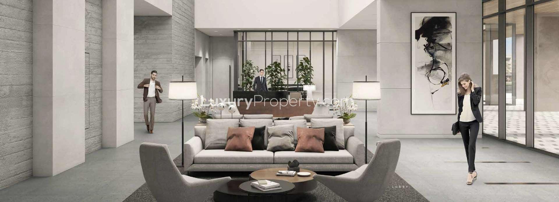Modern lobby interior at DT1 apartment, Downtown Dubai, featuring elegant seating and decor