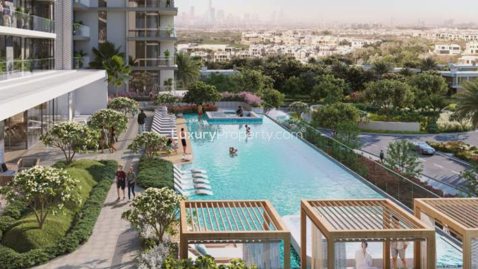 Outdoor pool and garden view at Ellington House, Dubai Hills Estate apartment for sale