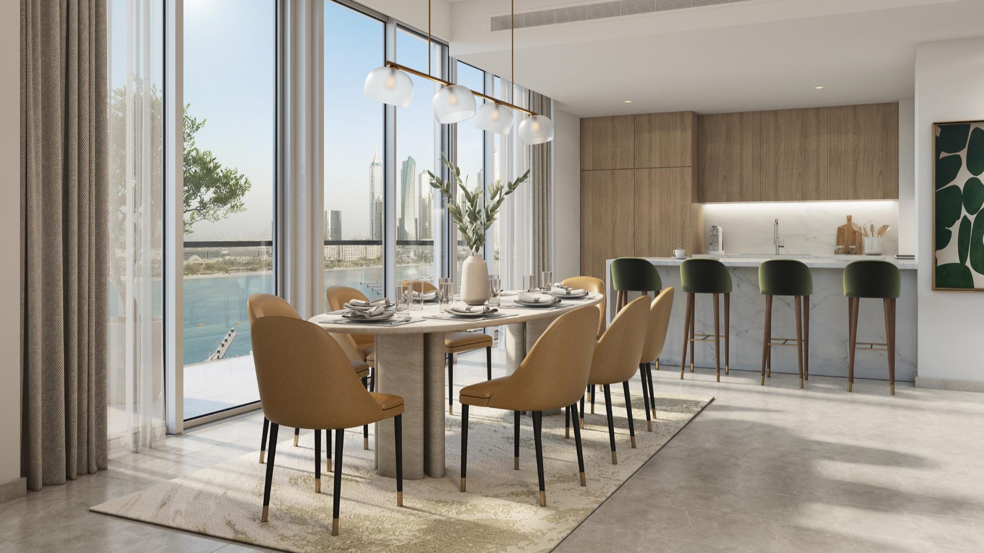 Modern studio apartment interior with sea view at Emaar Beachfront, Dubai Harbour