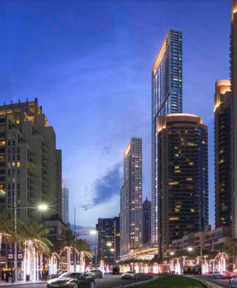 Luxurious Downtown Dubai skyline view from Forte apartment in Opera District at dusk