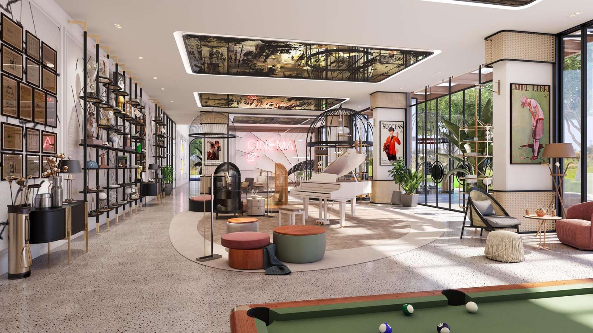 Golfville apartment entrance with bikes, greenery, and spiral staircase, Dubai Hills Estate