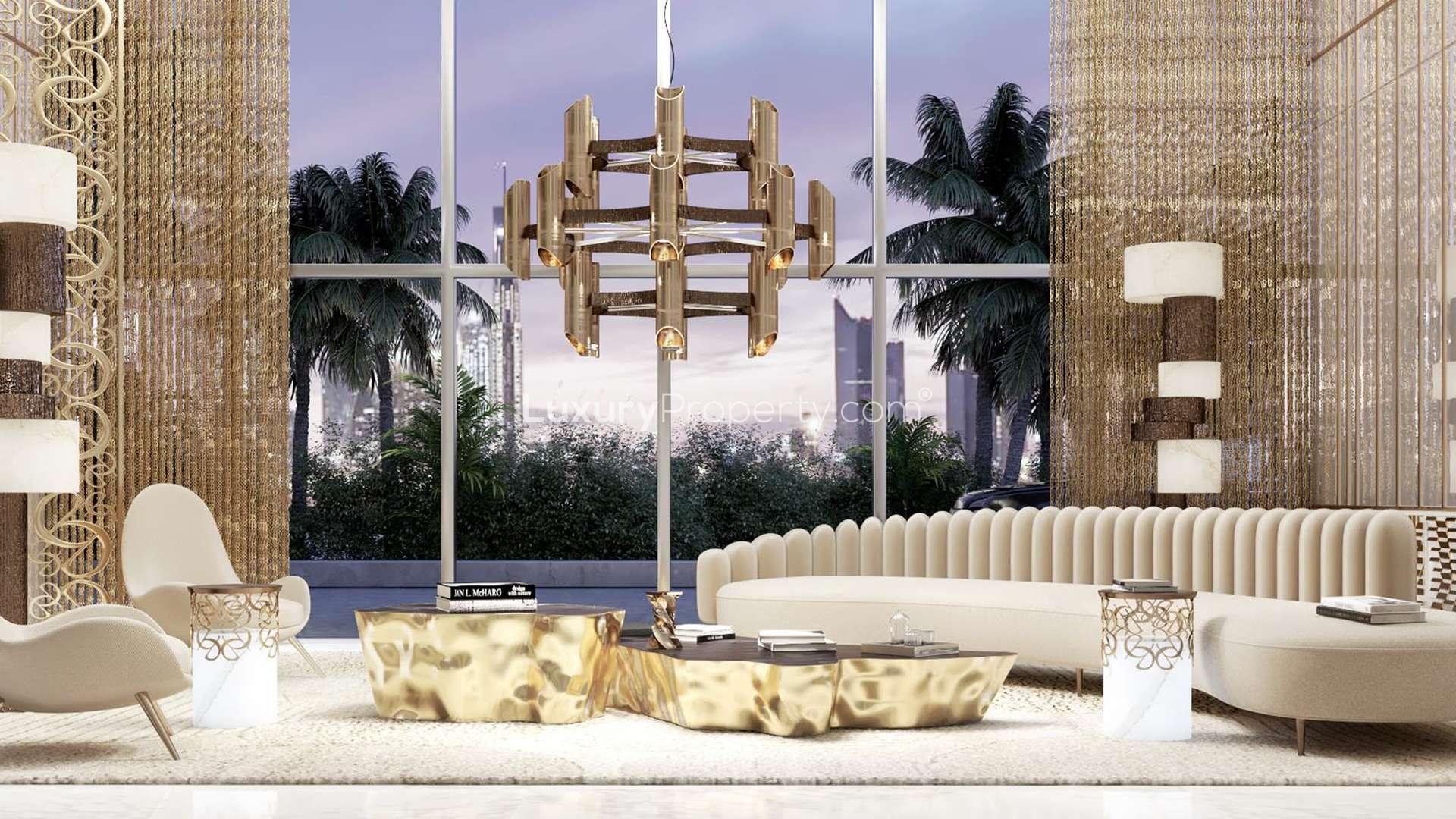 Grand Bleu Tower studio balcony view overlooking Dubai Harbour and Palm Jumeirah at Emaar Beachfront