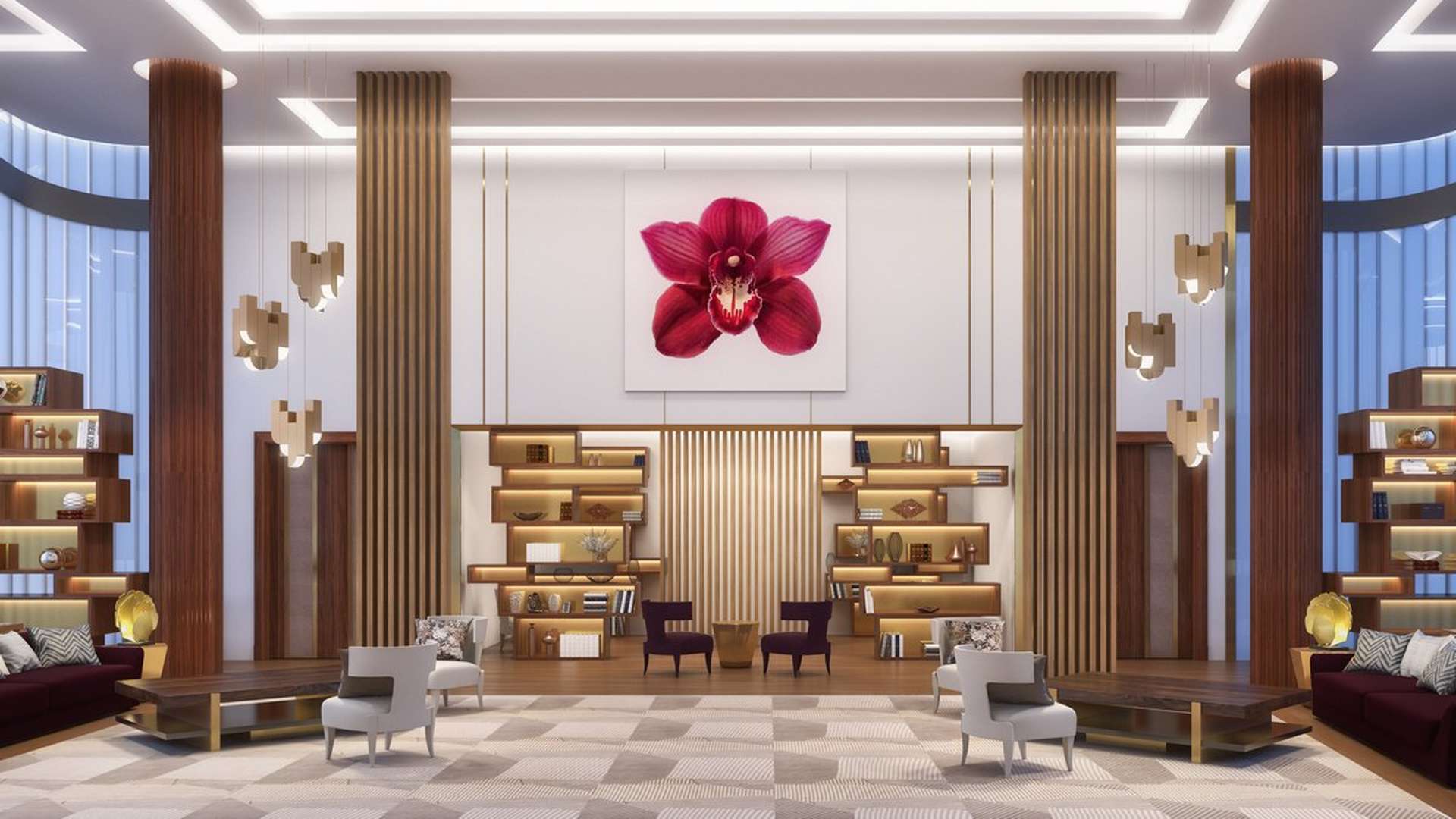 Luxurious lobby in Maine Tower, Canary Wharf, featuring modern decor and elegant seating area