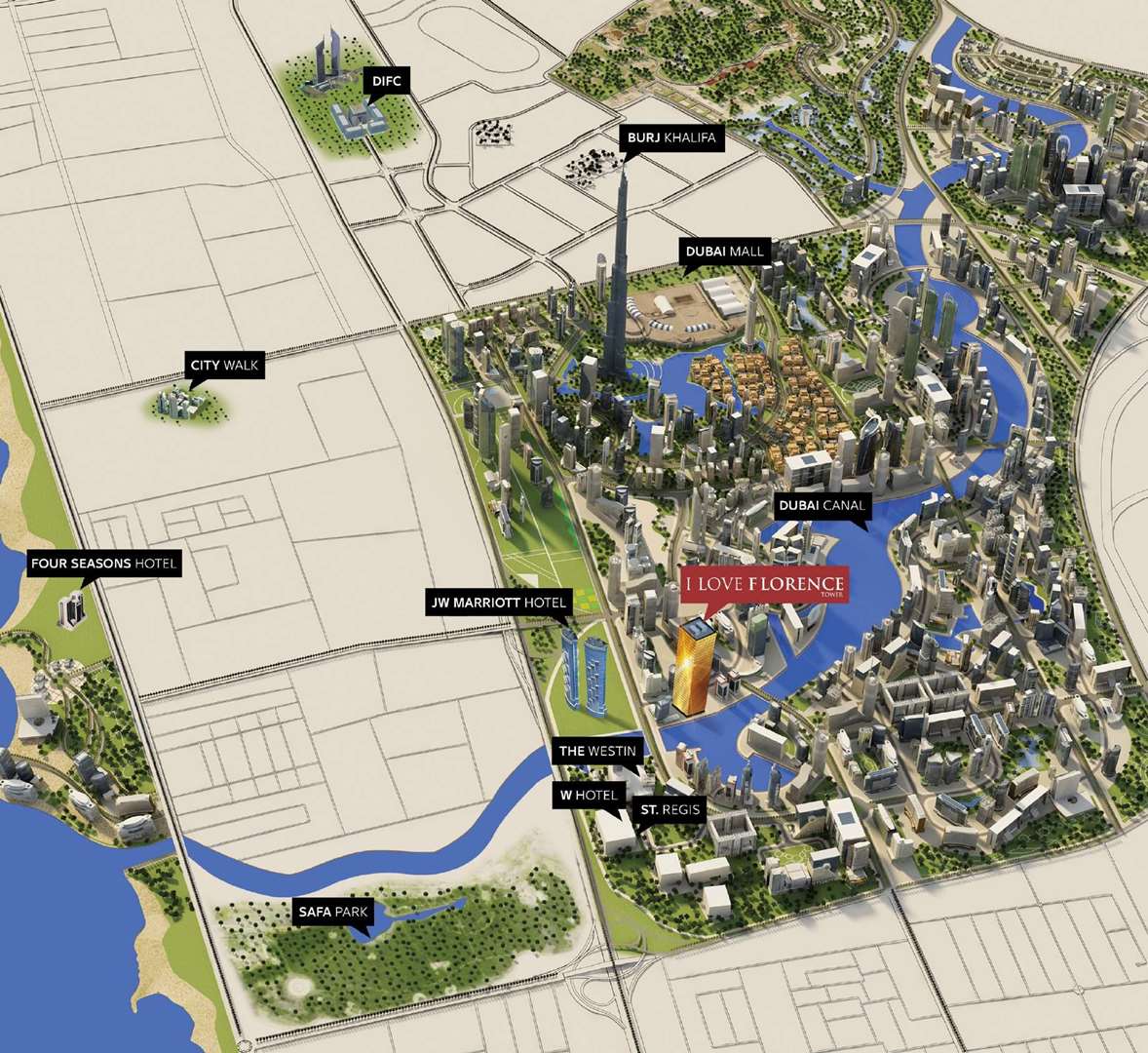 Luxurious studio apartment interior in I Love Florence, Dubai Canal, with elegant decor