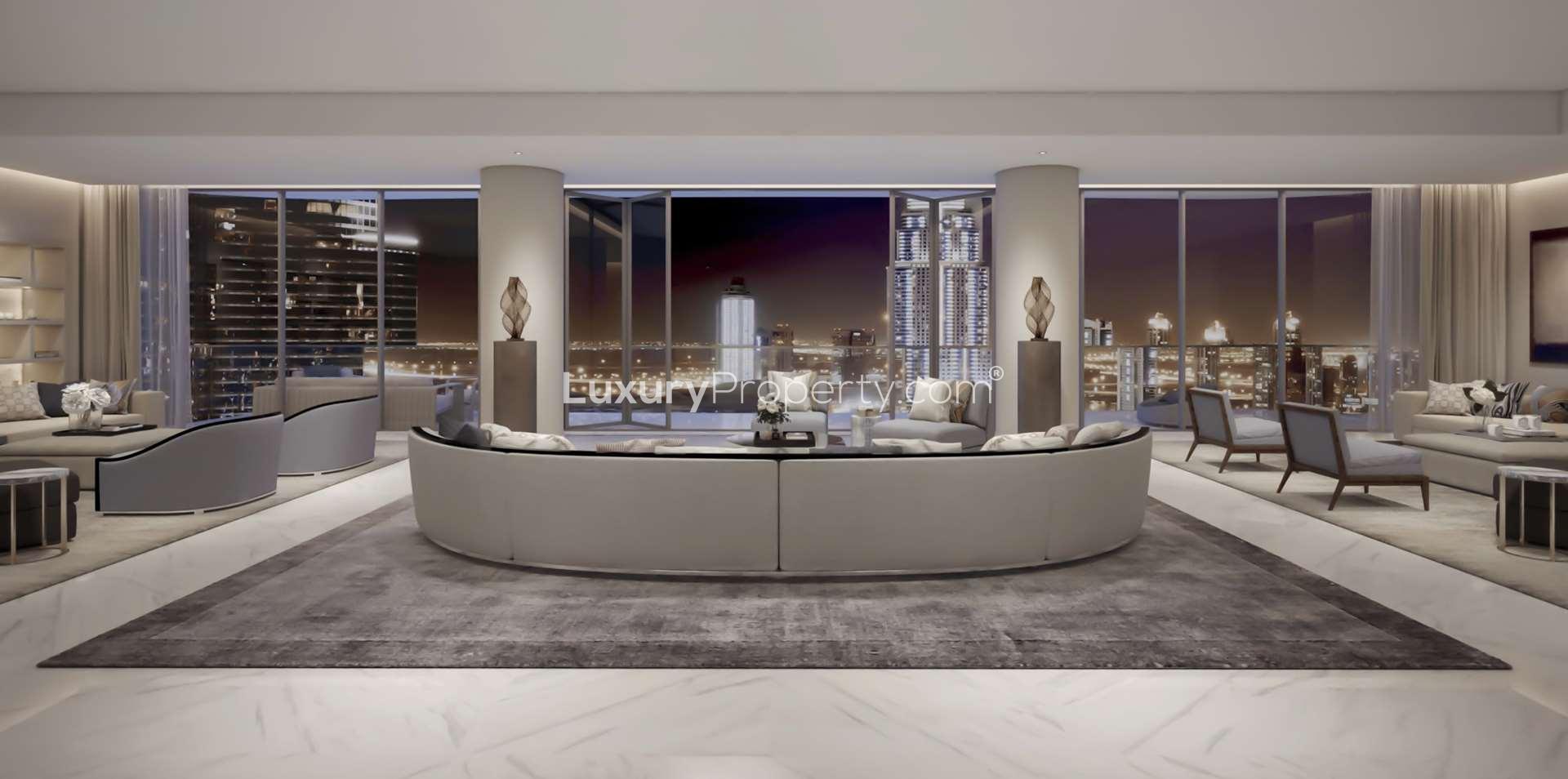 Luxurious apartment towers in Downtown Dubai's Opera District, vibrant street view