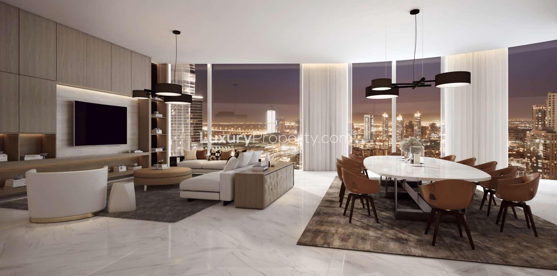 Luxury apartment view in Downtown Dubai's Opera District near Burj Khalifa and fountains