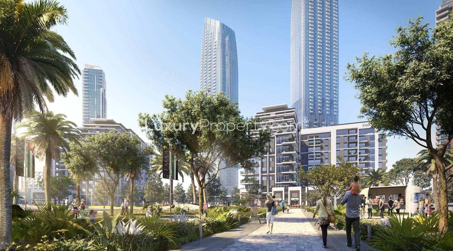 Luxury waterfront apartments at Island Park 1, Dubai Creek Harbour with lush green surroundings