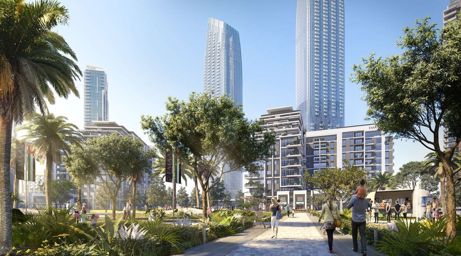 Luxury waterfront apartments at Island Park 1, Dubai Creek Harbour with lush green surroundings