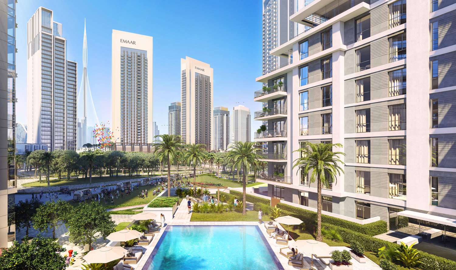 Luxury waterfront apartments and lush greenery at Island Park 1, Dubai Creek Harbour
