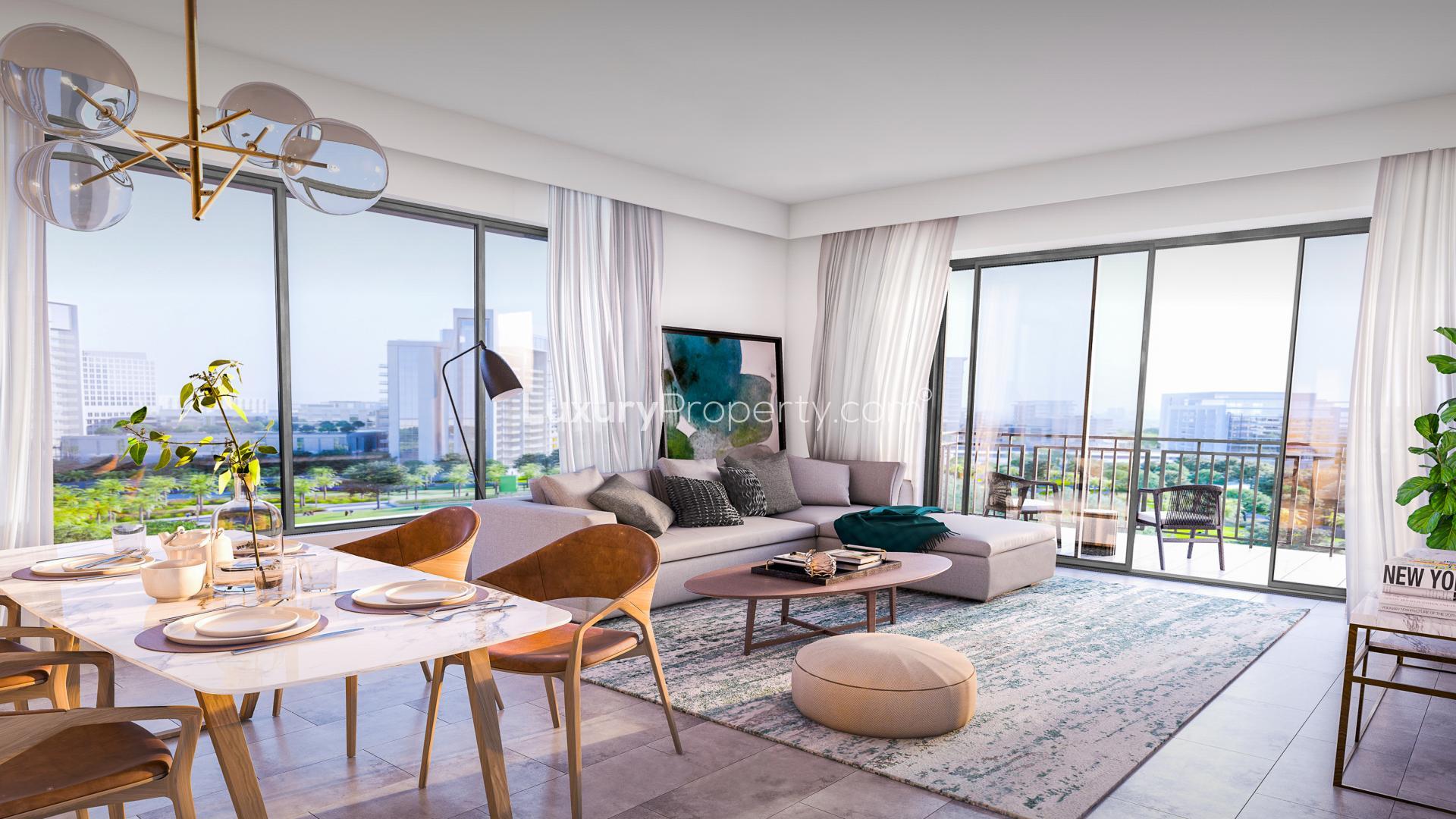 Exterior view of Lime Gardens apartment in Dubai Hills Estate at sunset