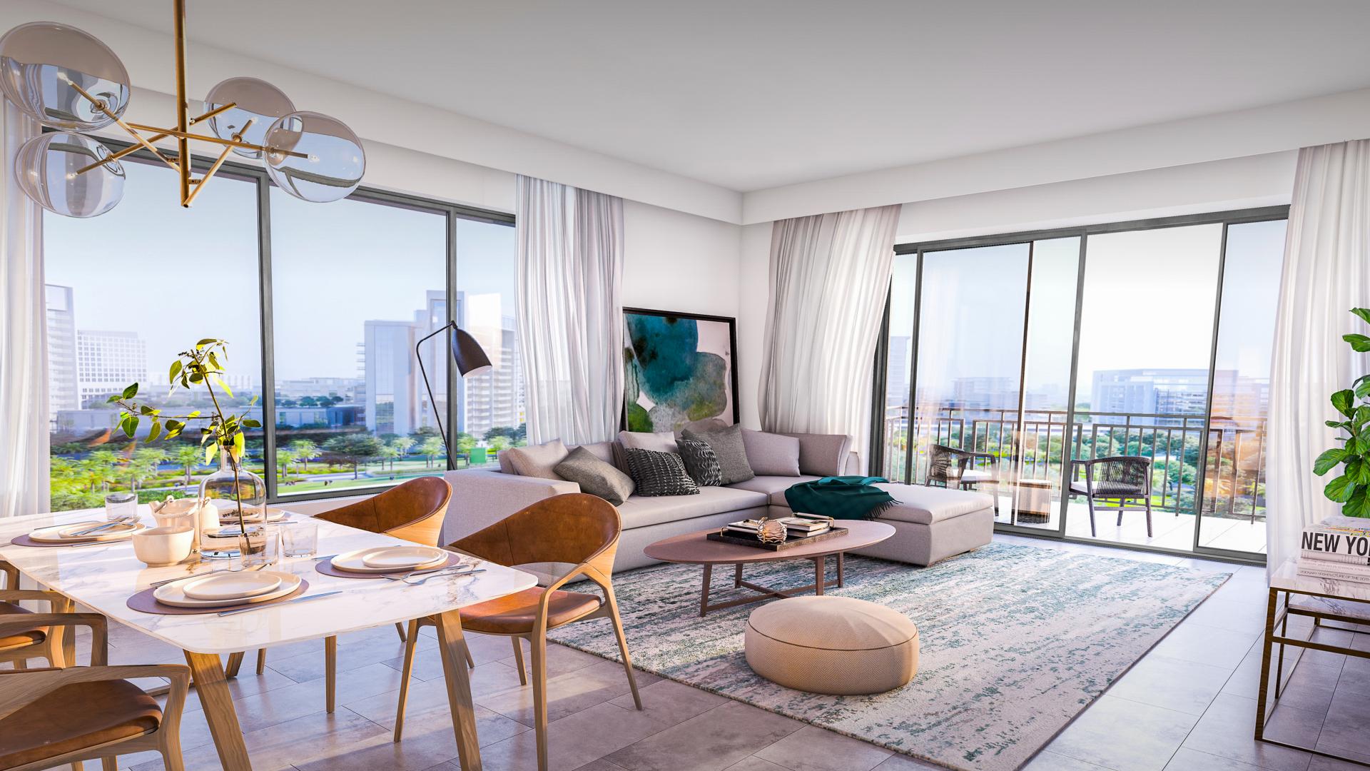 Exterior view of Lime Gardens apartment in Dubai Hills Estate at sunset