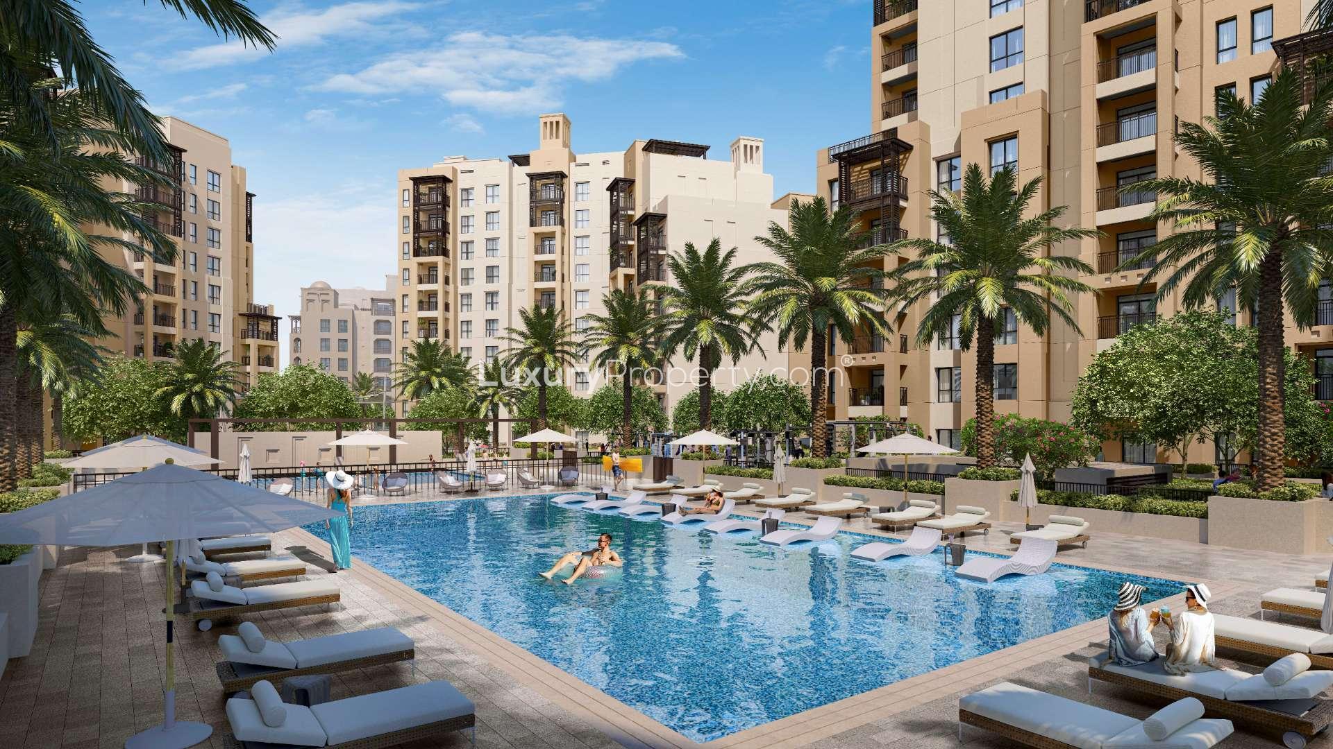 Outdoor pool area at Lamaa, Madinat Jumeirah Living, Umm Suqeim apartment complex for sale