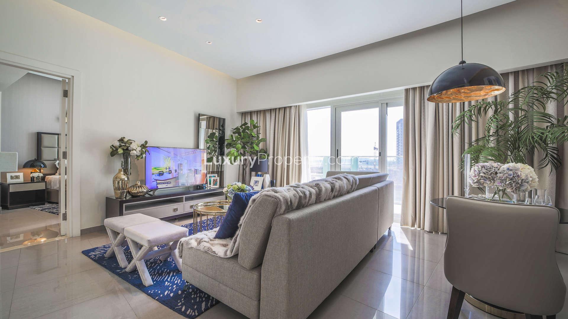 Luxurious apartment lobby with elegant seating in Maison Majestine, Business Bay for sale