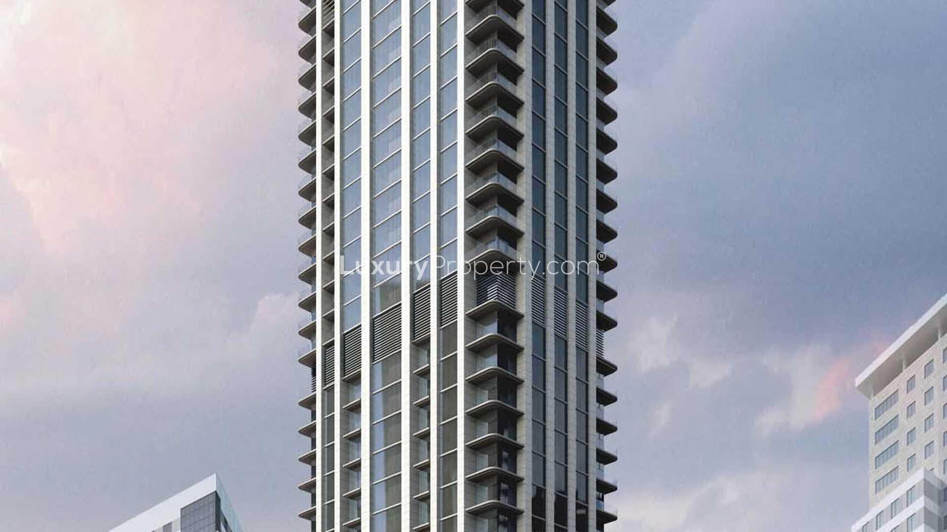 "Luxury studio apartment interior with modern staircase in Dubai Marina for sale.",Luxury high-rise apartment building in Dubai Marina, No.9 development, for sale