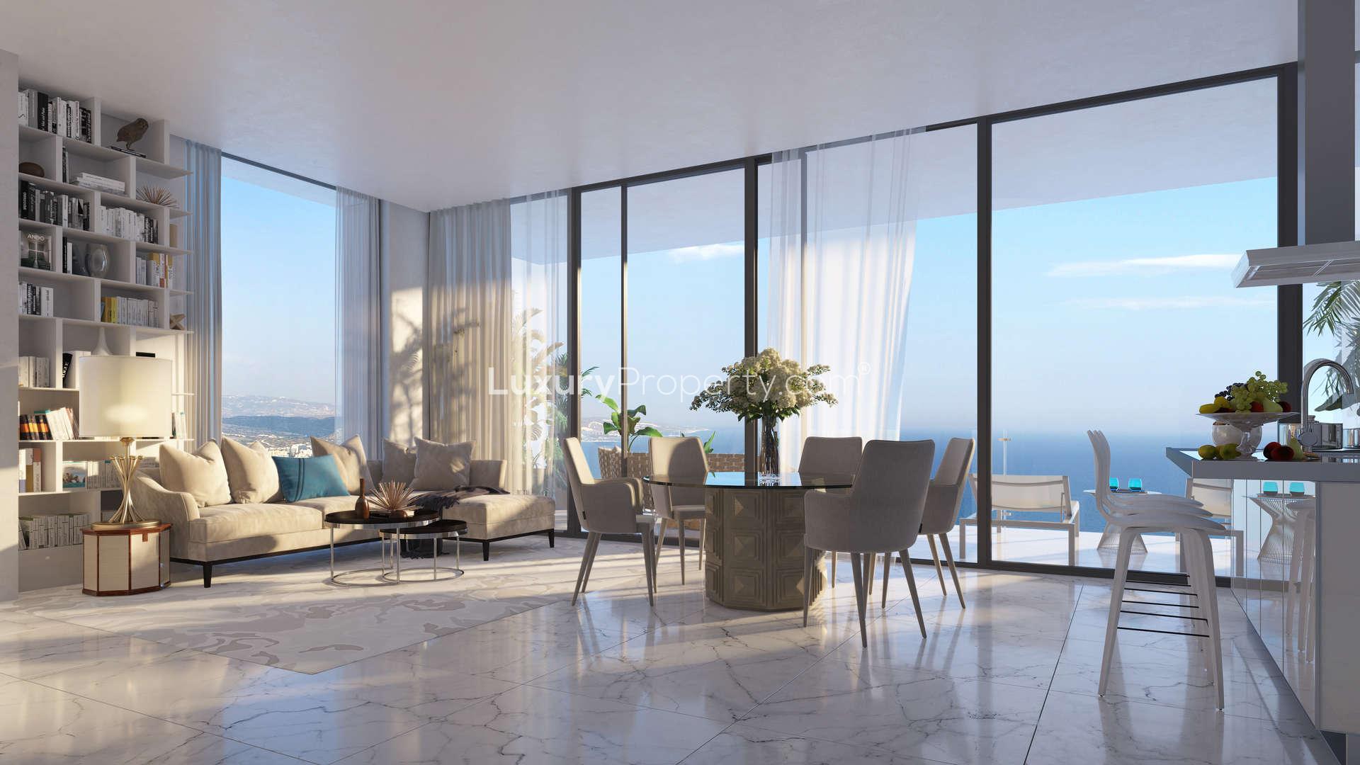 Luxurious living room with sea view at Olympic Resort apartment, Limassol, Cyprus