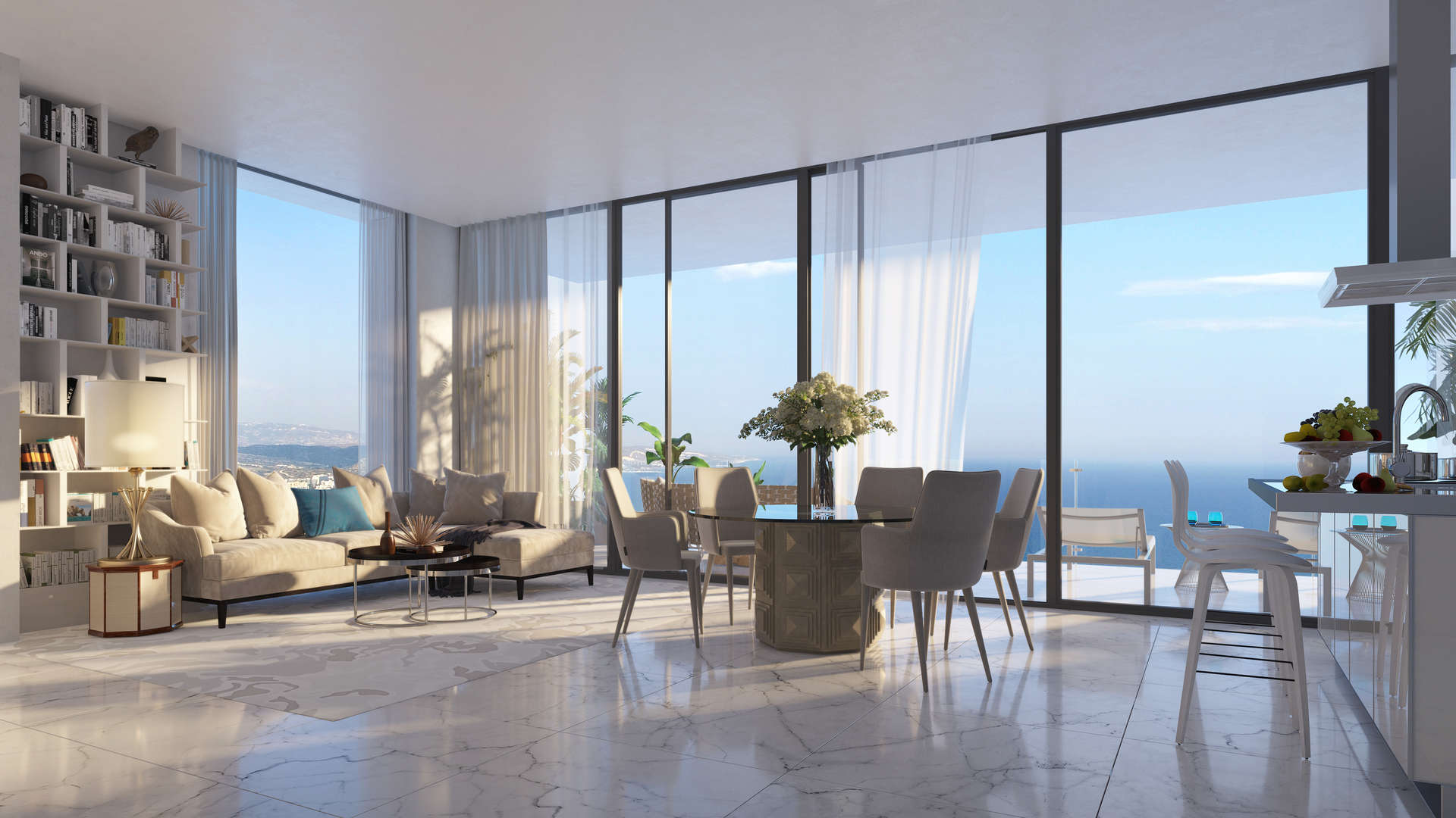 Luxurious living room with sea view at Olympic Resort apartment, Limassol, Cyprus