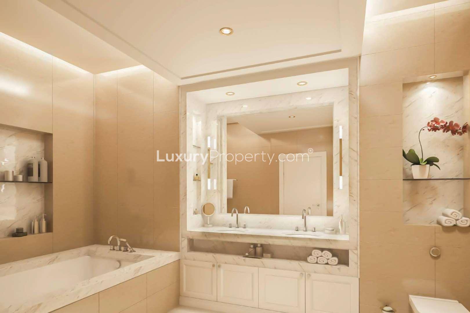 Luxurious bathroom in Opera Grand Residence apartment, Downtown Dubai, with elegant marble finishes