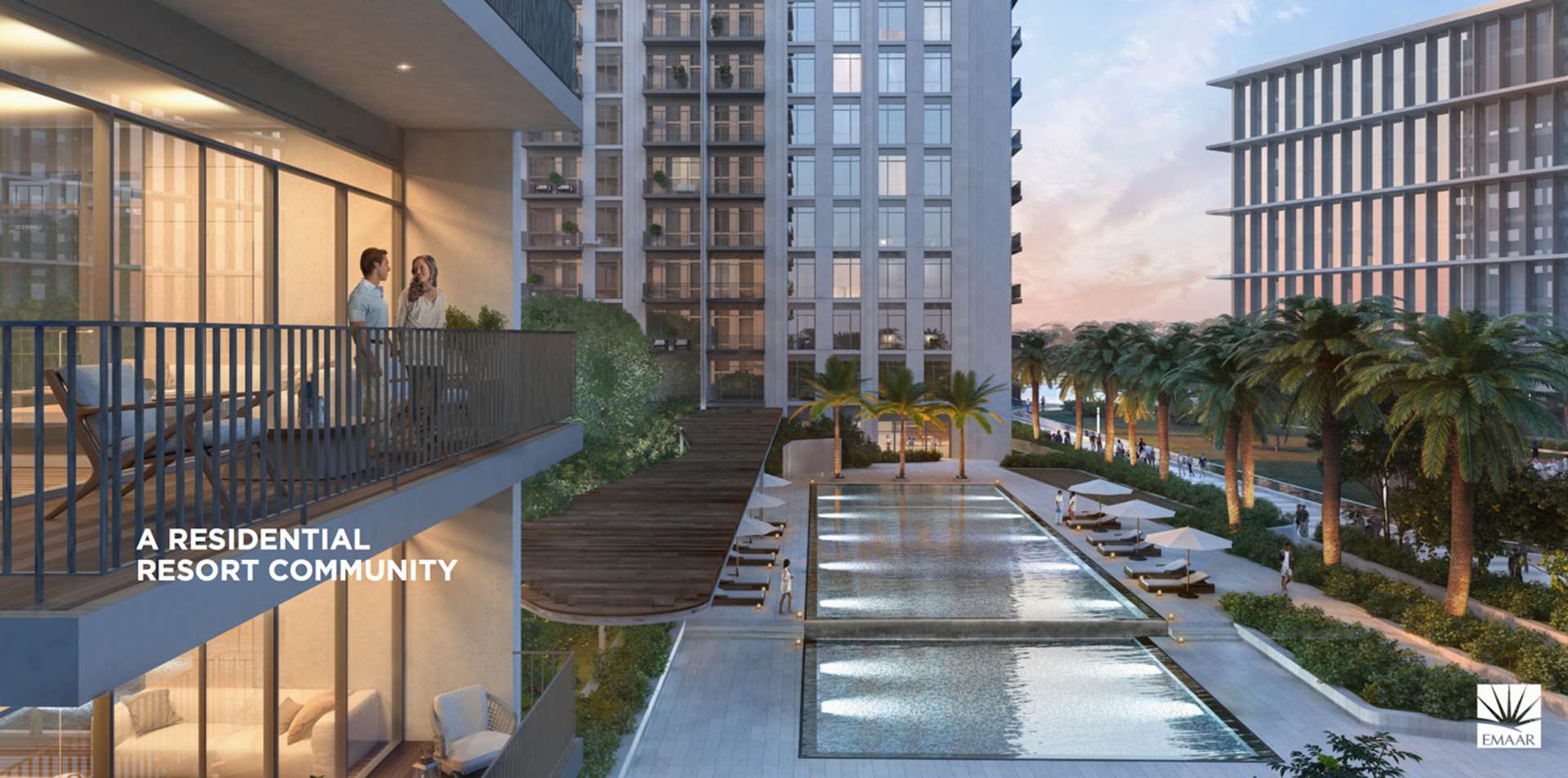 Indoor gym overlooking outdoor pool at Park Heights, Dubai Hills Estate apartment for sale