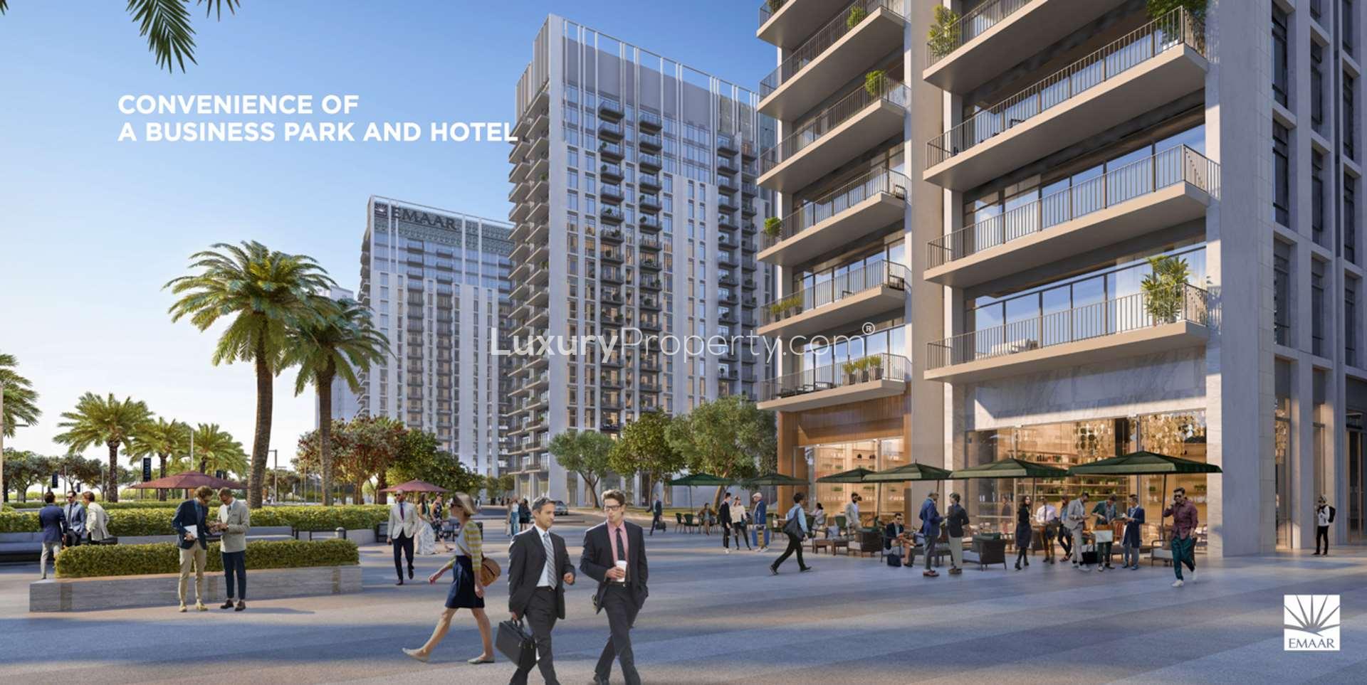 Modern apartment balcony view at Park Heights, Dubai Hills Estate, showcasing urban luxury living