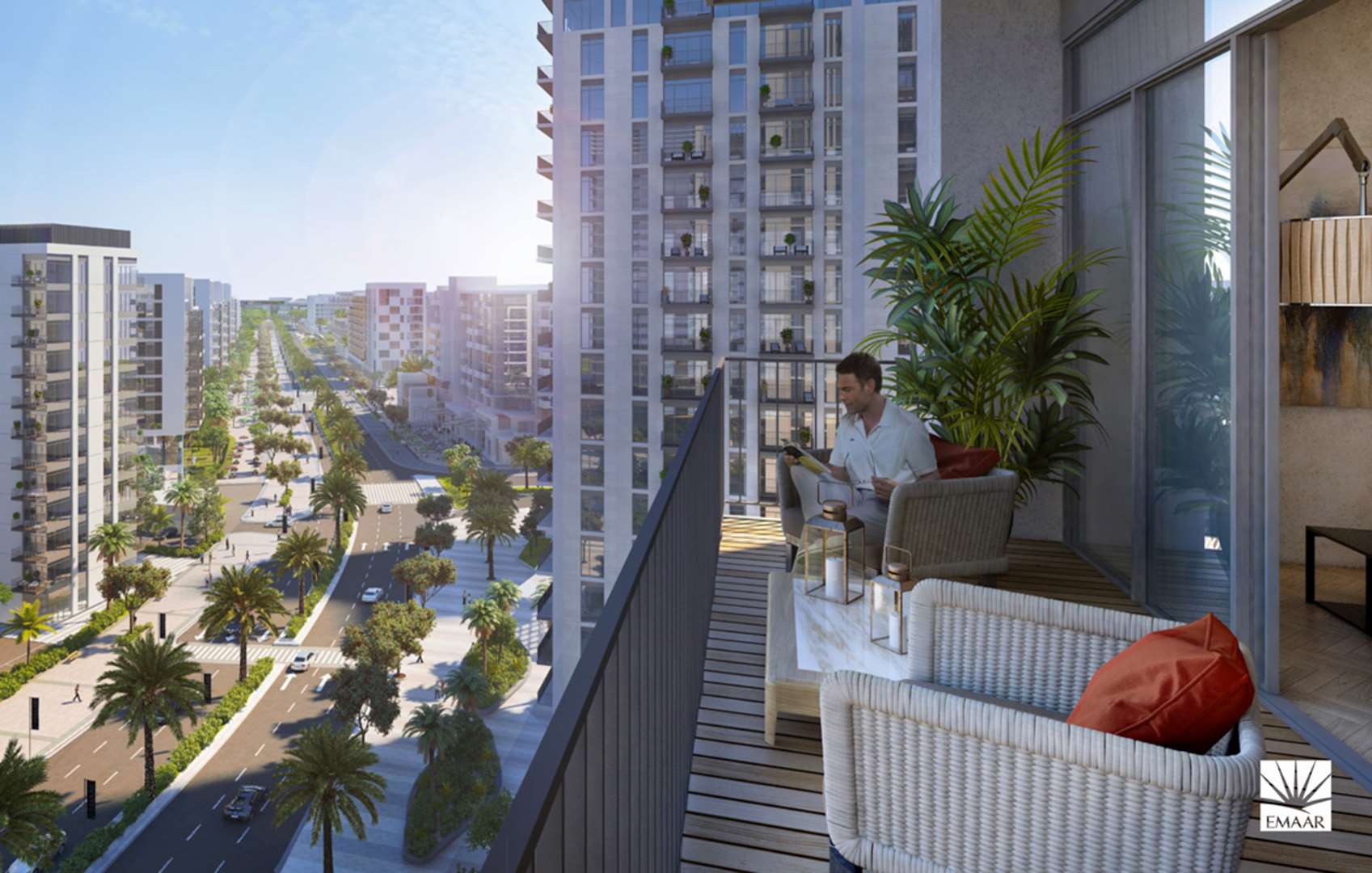 Luxurious balcony view overlooking pool at Park Heights, Dubai Hills Estate apartment