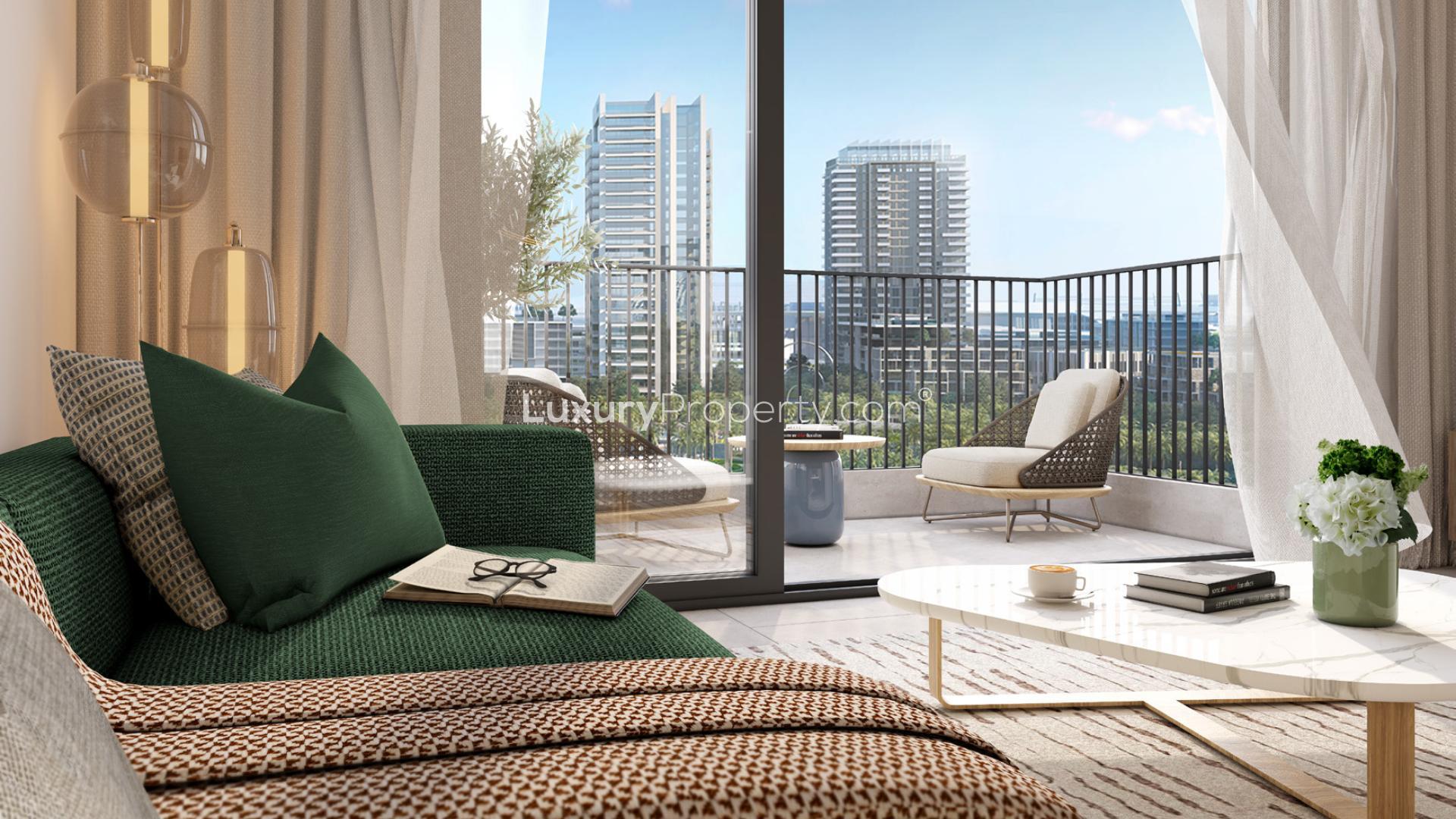 Studio apartment balcony view in Park Horizon, Dubai Hills Estate, overlooking lush greenery