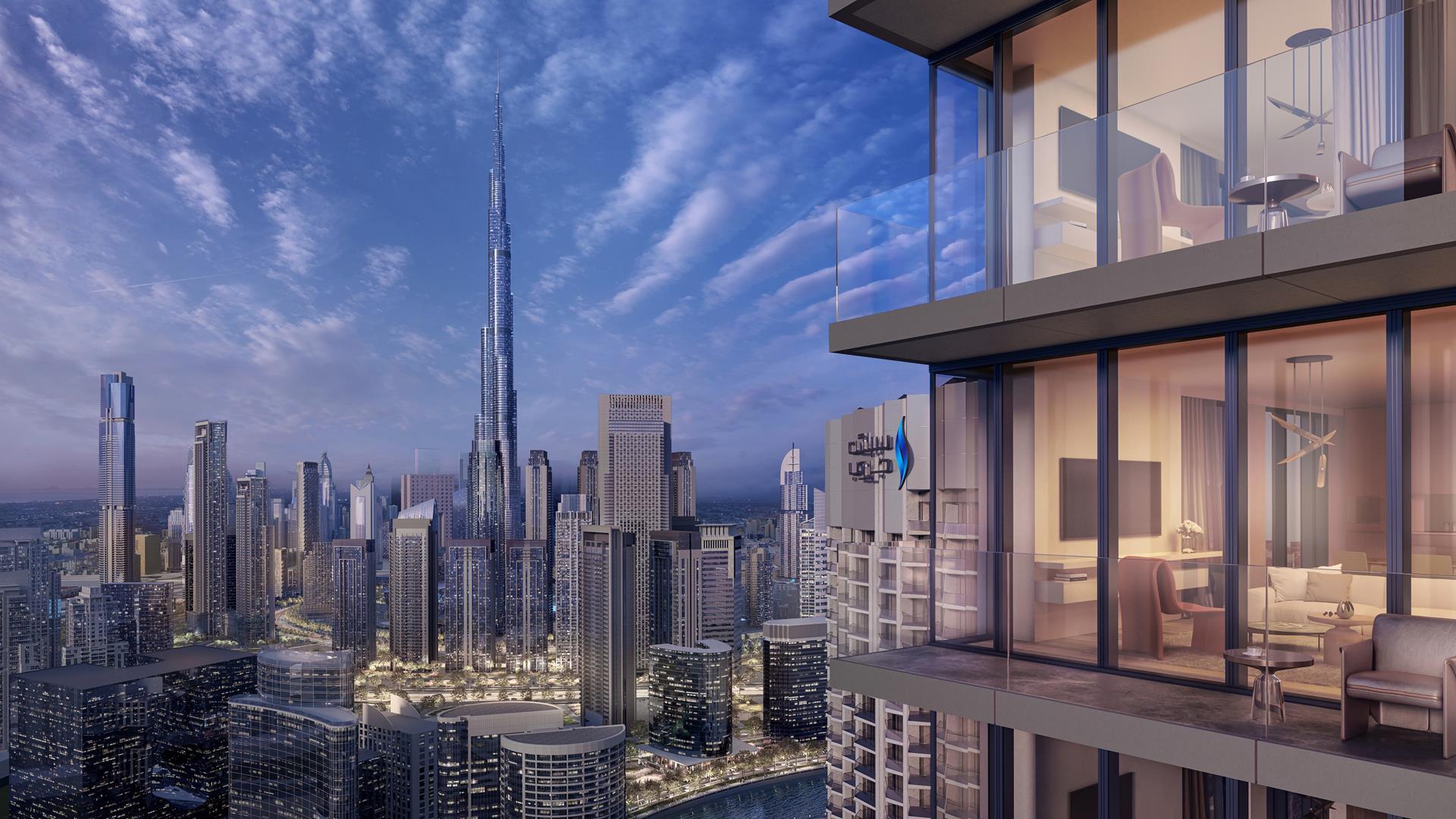 "Luxury studio apartment view at Peninsula Four, The Plaza, Business Bay skyline backdrop.",Modern apartment building facade at Peninsula Four, The Plaza, Business Bay, Jumeirah Village Circle