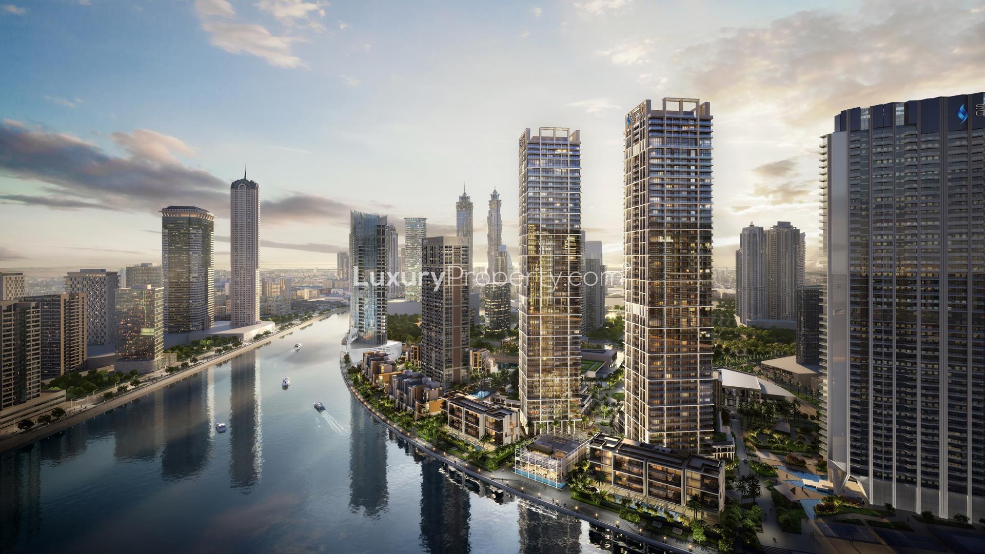 "Peninsula Four Studio Apartment, The Plaza, Business Bay skyline view, Jumeirah Village Circle.",Luxurious Peninsula Four apartment towers in Business Bay, waterfront view, for sale