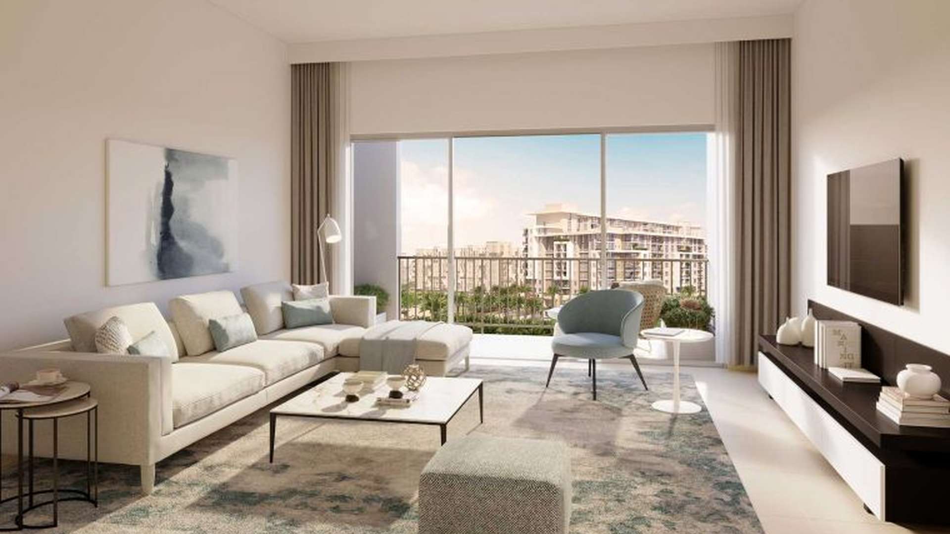 Modern studio living room in Rawda Apartments, Dubai Town Square, with balcony view