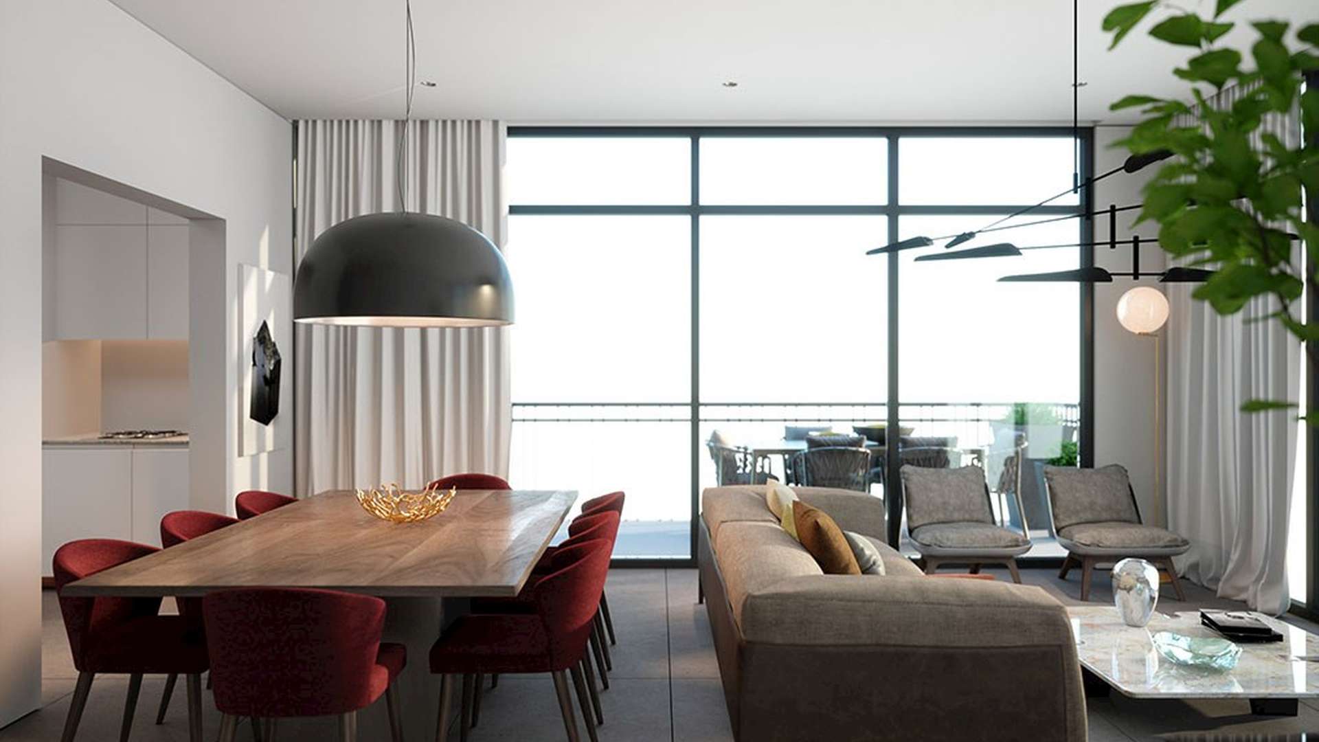 Modern apartment complex in Rehan, Aljada, Sharjah with shops and greenery