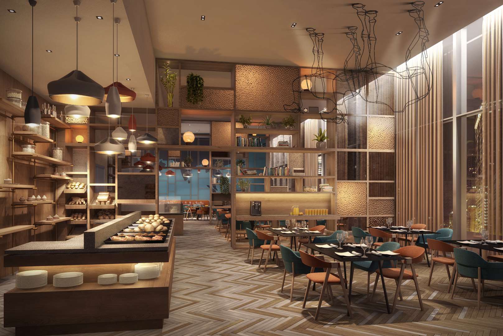 Tall modern apartment building in Cayan Cantara, Al Barsha South, Dubai, surrounded by palm trees