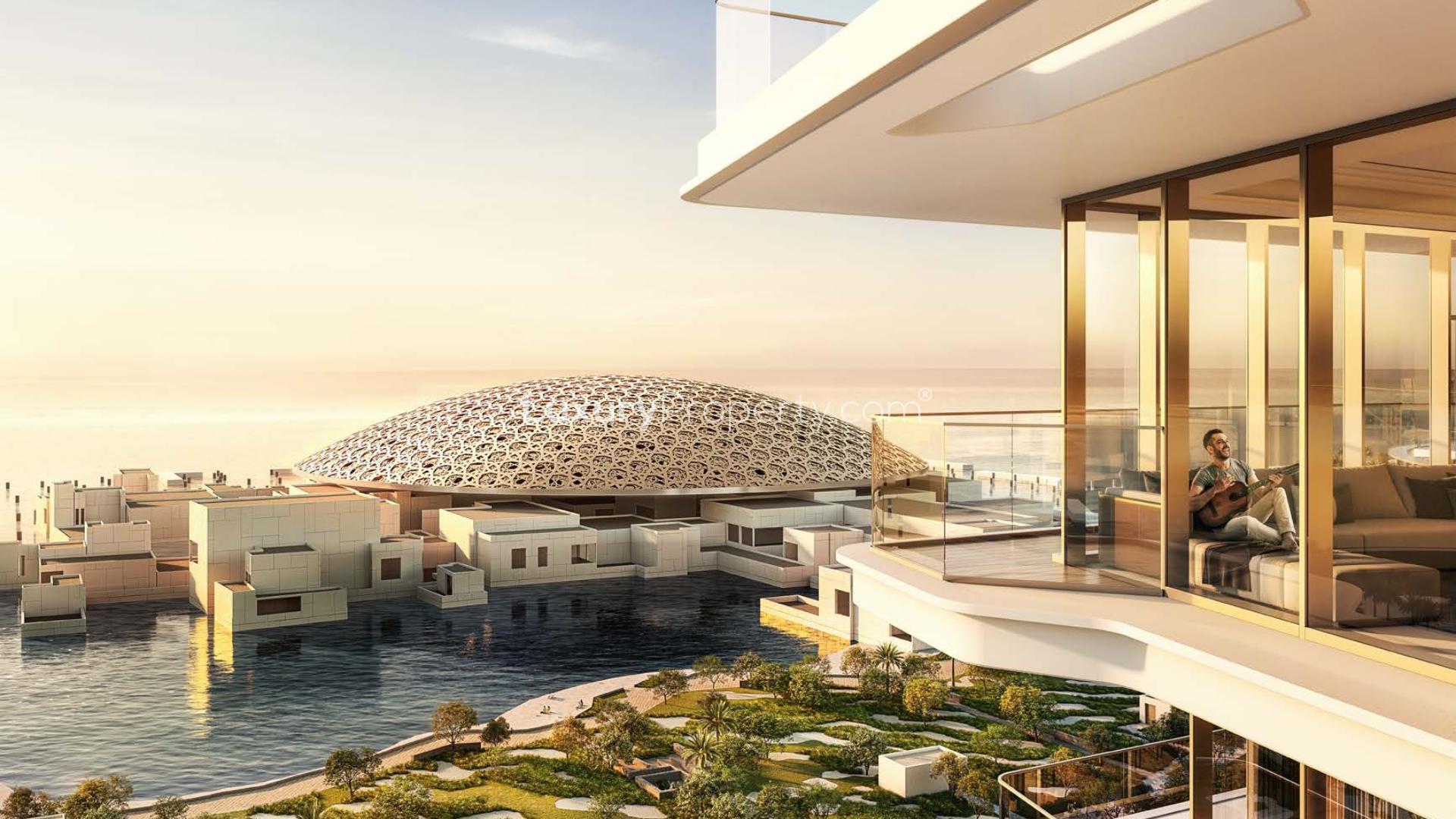Aerial view of Louvre Abu Dhabi Residences, Saadiyat Cultural District, overlooking waterfront