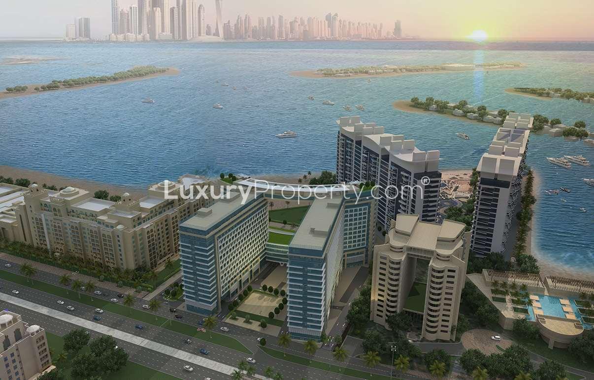 "Modern apartment building exterior at Se7en Residences, Palm Jumeirah, for sale LP0657.",Aerial view of Se7en Residences apartment on Palm Jumeirah, Dubai waterfront