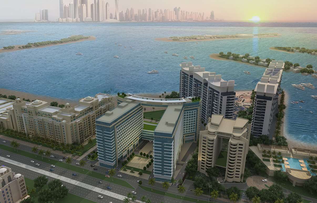 "Modern apartment building exterior at Se7en Residences, Palm Jumeirah, for sale LP0657.",Aerial view of Se7en Residences apartment on Palm Jumeirah, Dubai waterfront
