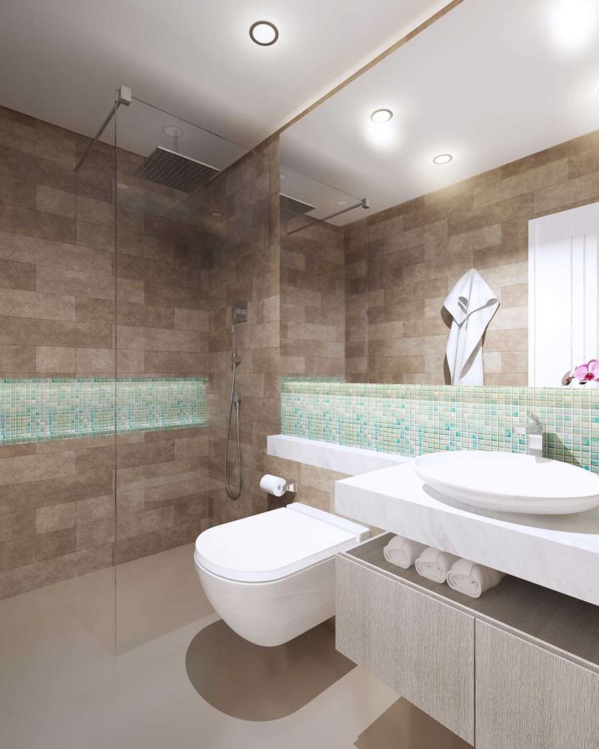 Studio apartment interior with modern decor at Seven Palm, Palm Jumeirah, featuring ocean view