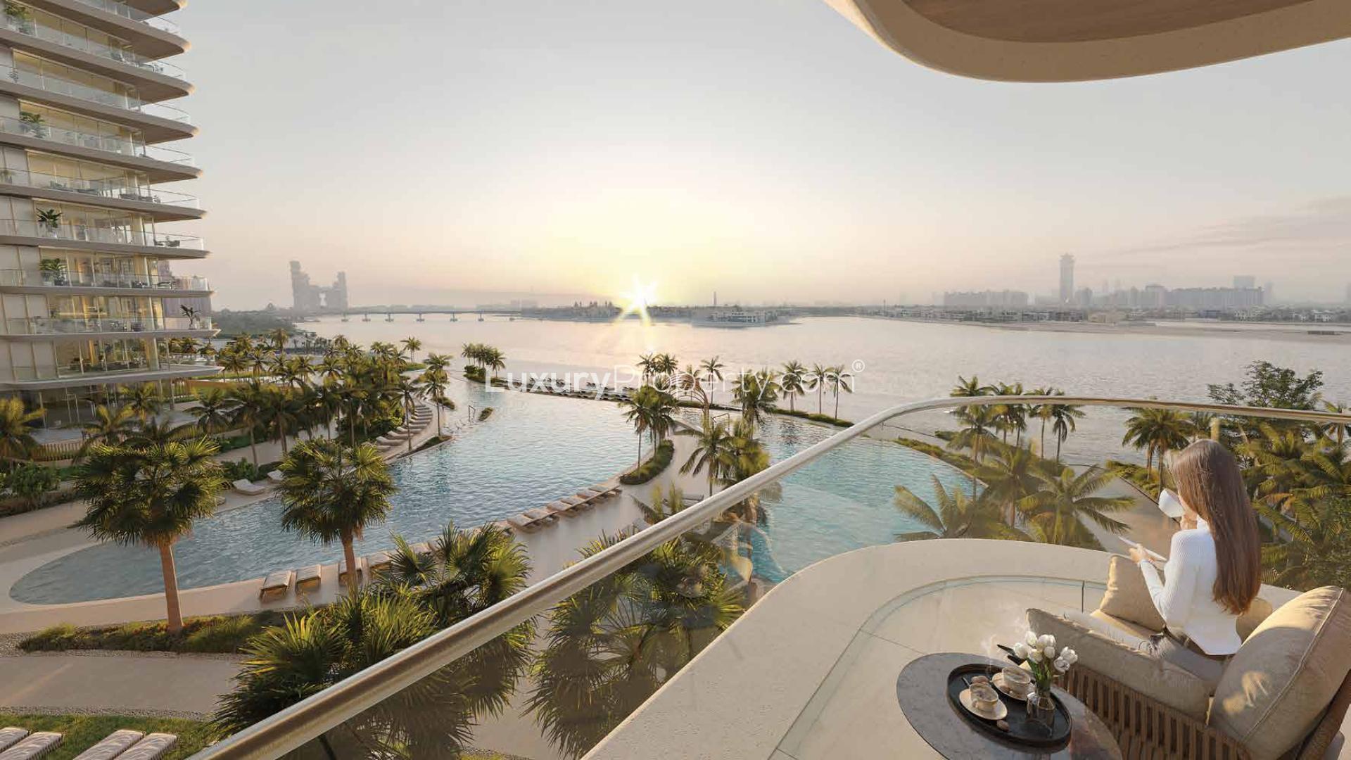 Beachfront apartment balconies at Serenia Living, Palm Jumeirah, Dubai, overlooking the sea