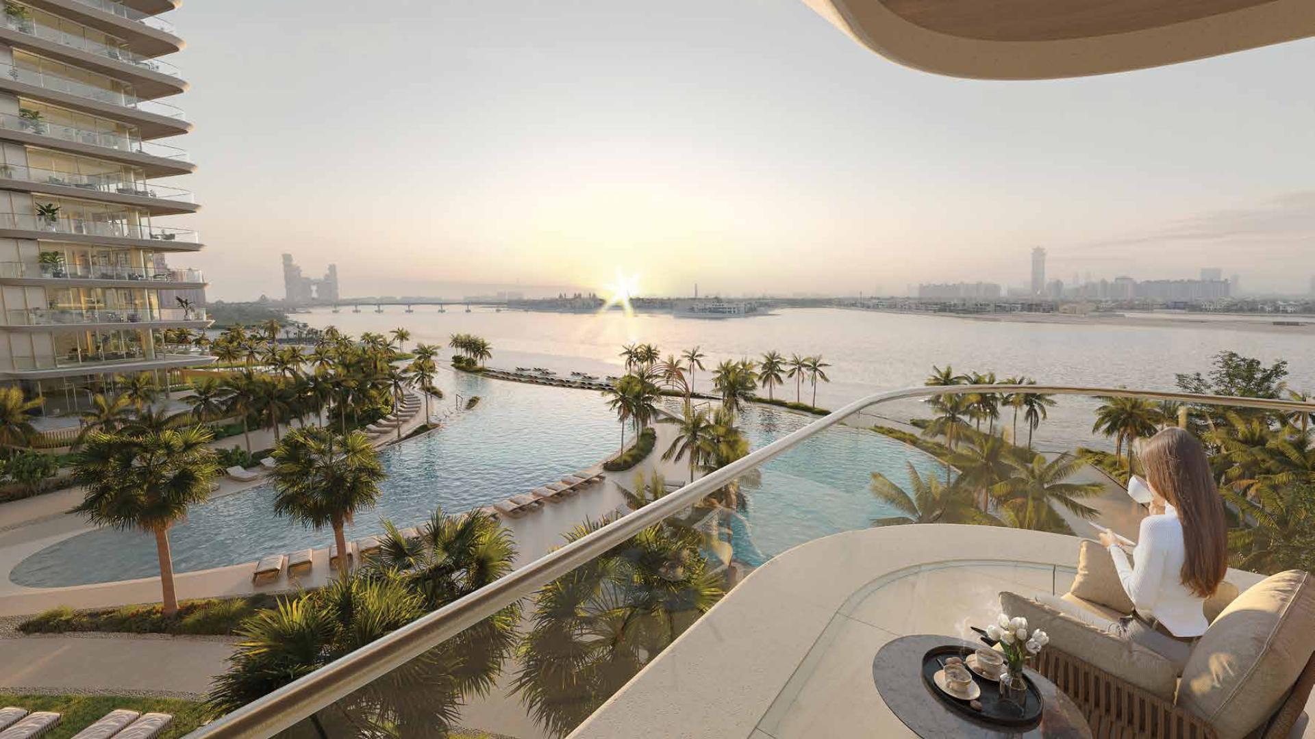 Beachfront apartment balconies at Serenia Living, Palm Jumeirah, Dubai, overlooking the sea