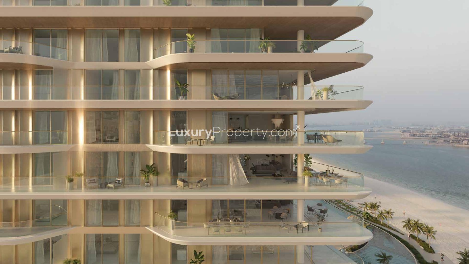 "Serenia Living studio apartment with beachfront view in Palm Jumeirah, Dubai for sale.","Serenia Living beachfront apartment view, Palm Jumeirah, Dubai - luxury residential property for sale.",Exterior view of Serenia Living beachfront apartment in Palm Jumeirah, Dubai at sunset