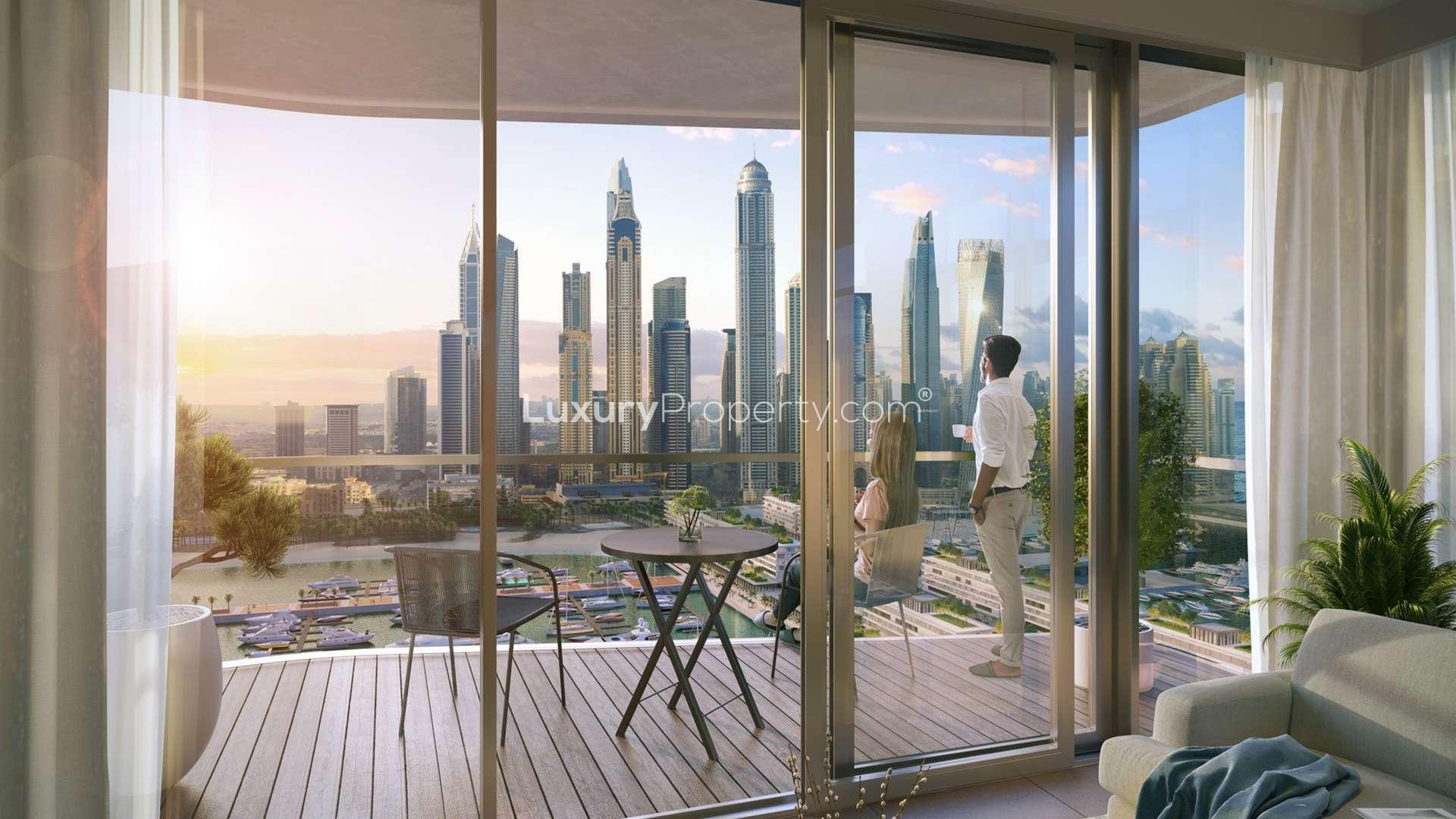 "Stunning cityscape view from Emaar Beachfront apartment balcony in Dubai Harbour.",Stunning view of Emaar Beachfront marina and skyline from South Beach Holiday Homes, Dubai