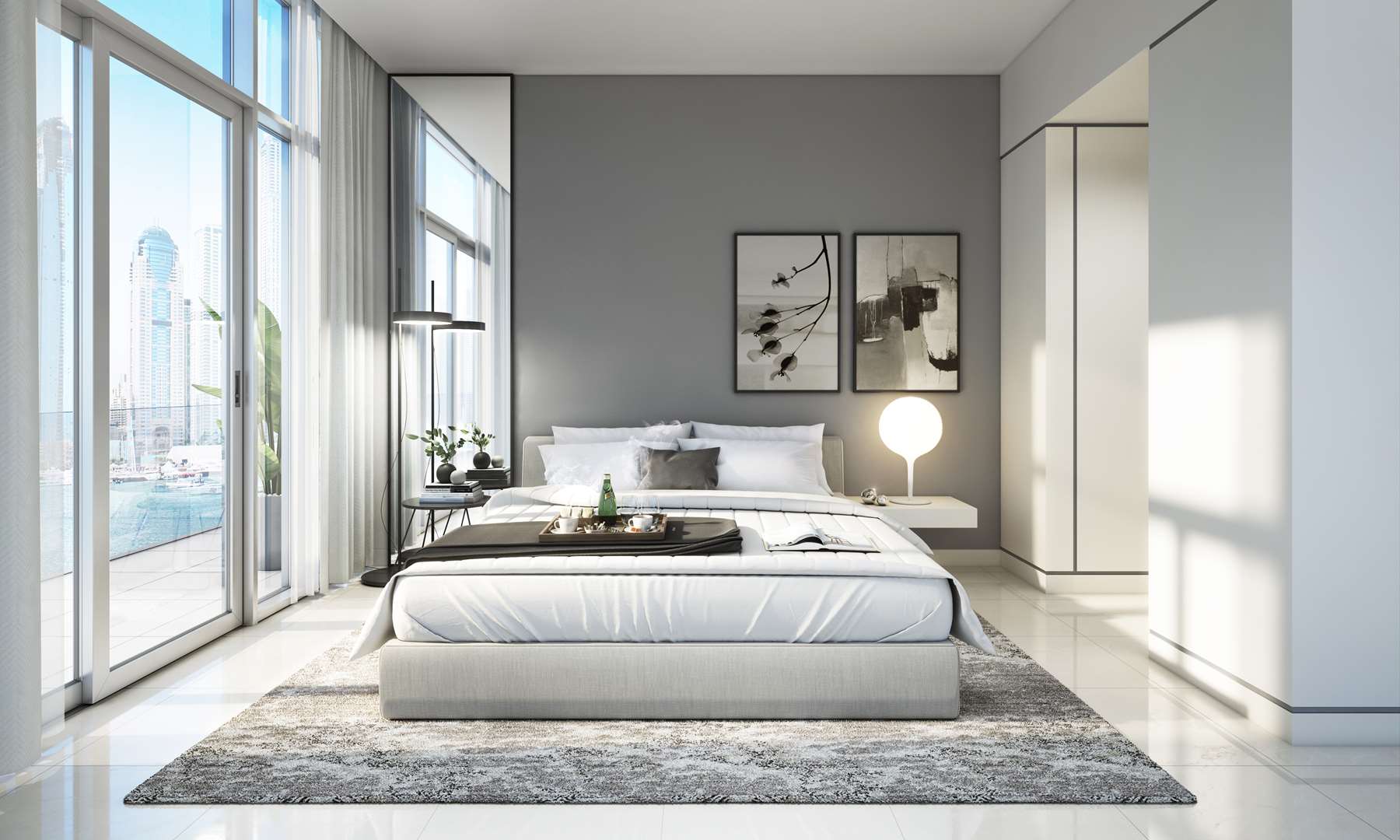 Modern studio apartment interior with marina views in Sunrise Bay, Emaar Beachfront, Dubai Harbour