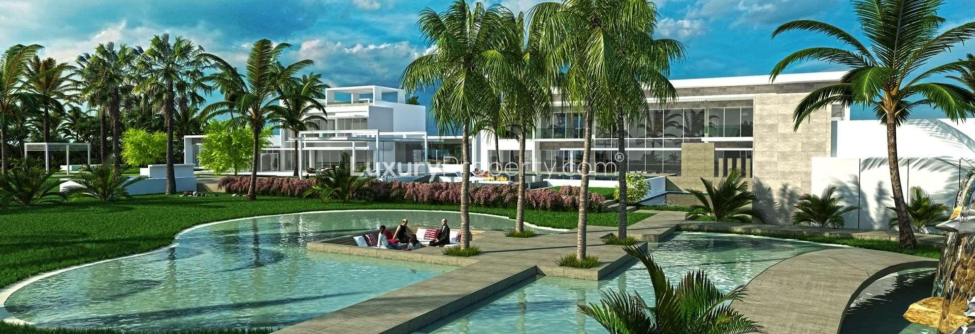 Modern residential apartment exterior at The Reserve, Al Barari, Dubai, with lush landscaping