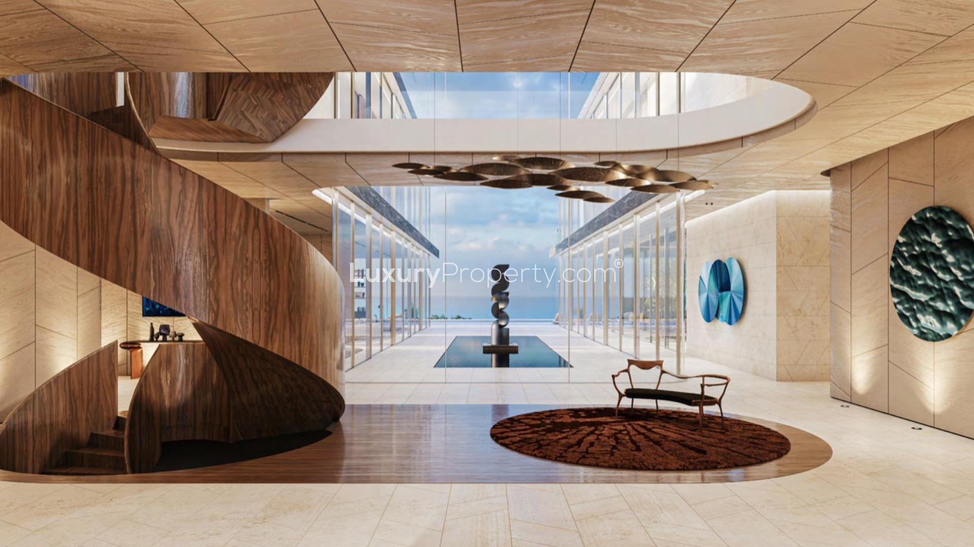 Luxurious apartment terrace with pool and city view at The Ritz-Carlton Residences, Dubai