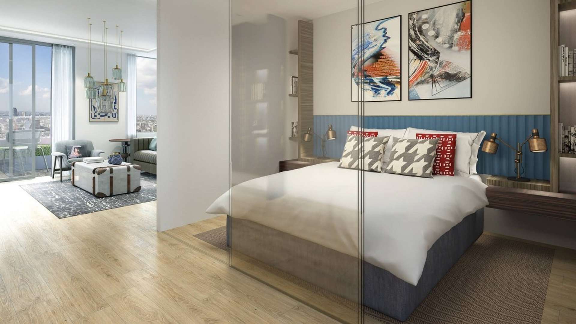 Modern living area in luxury Shoreditch apartment with chic decor and open-plan kitchen