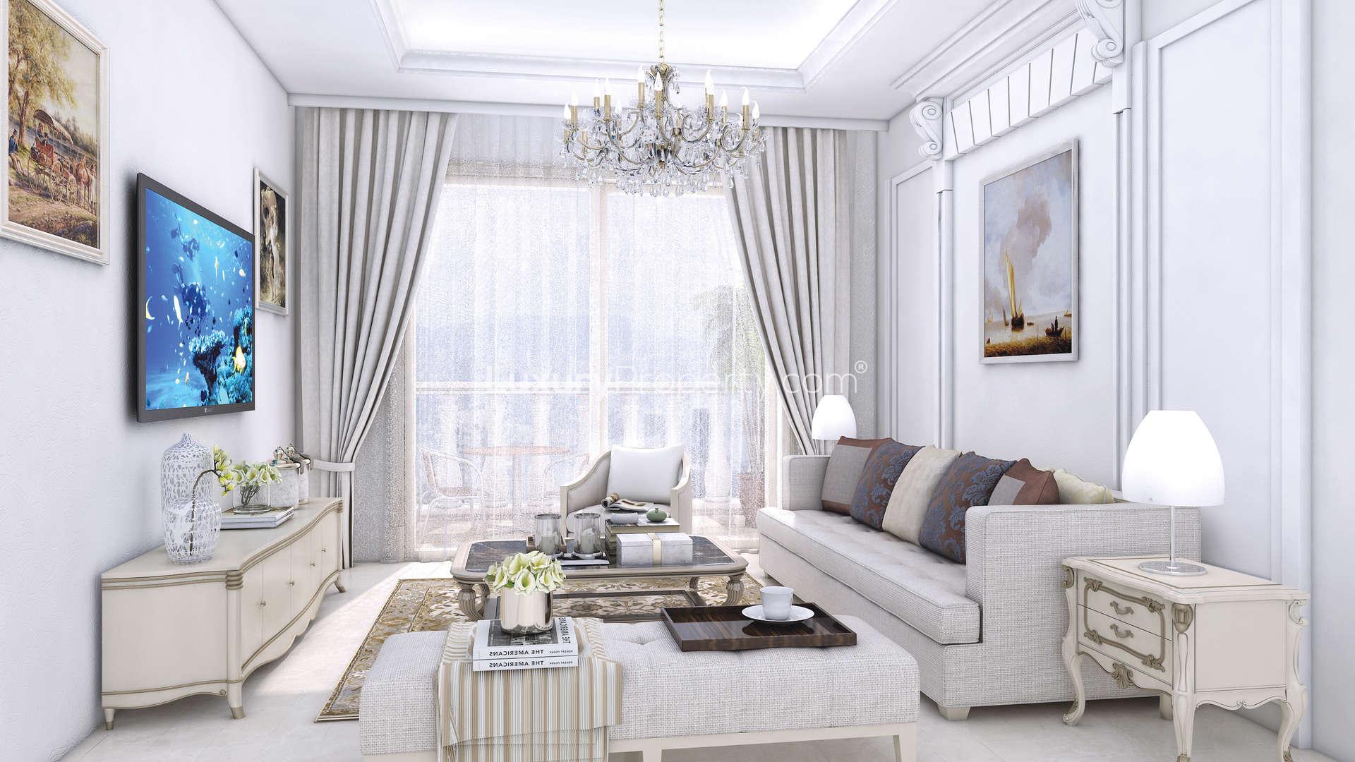 Luxurious hallway with chandelier at Vincitore Boulevard apartments, Arjan, Dubailand for sale