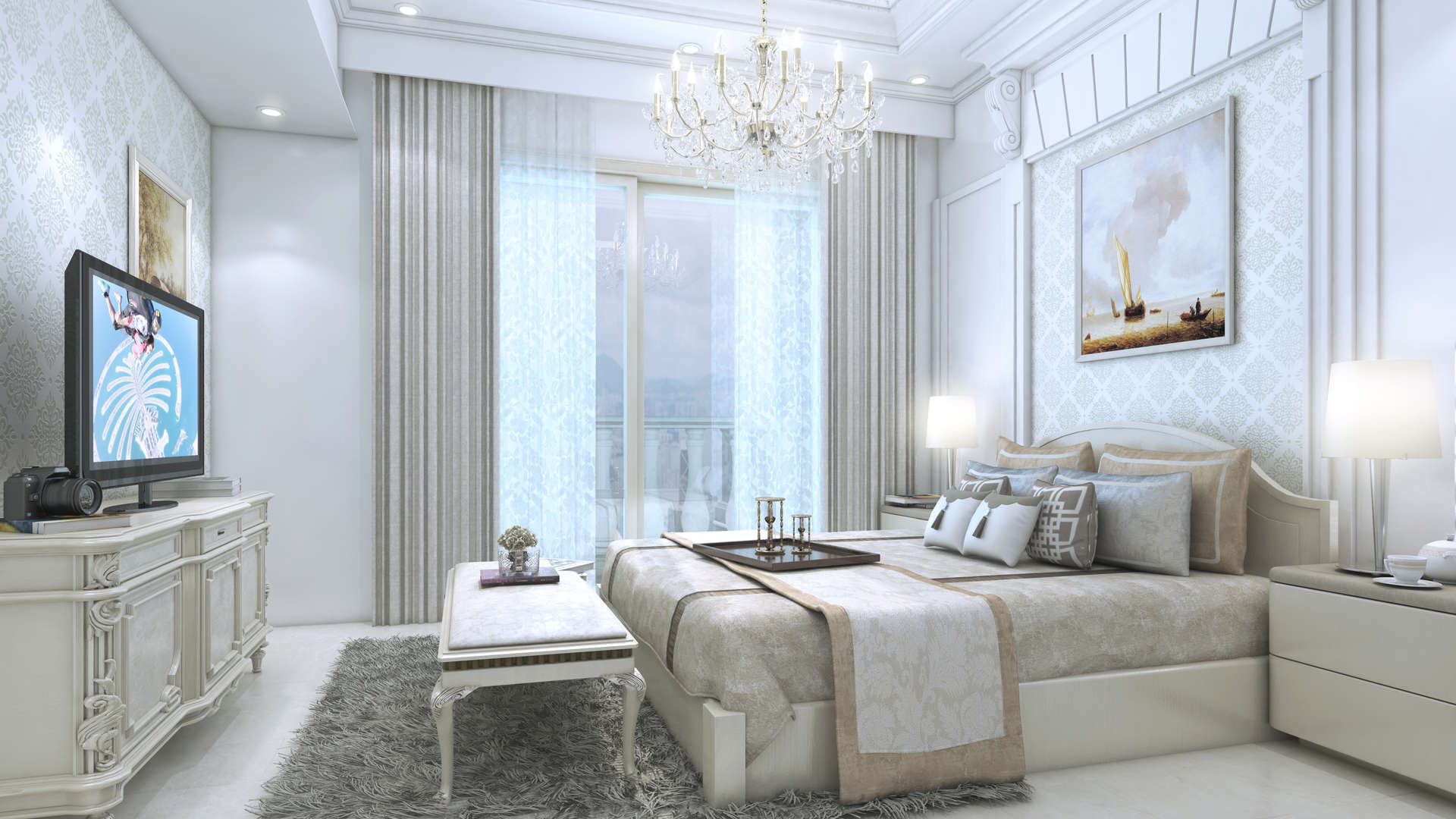 Luxury living room in Vincitore Boulevard apartment, featuring elegant decor and chandelier